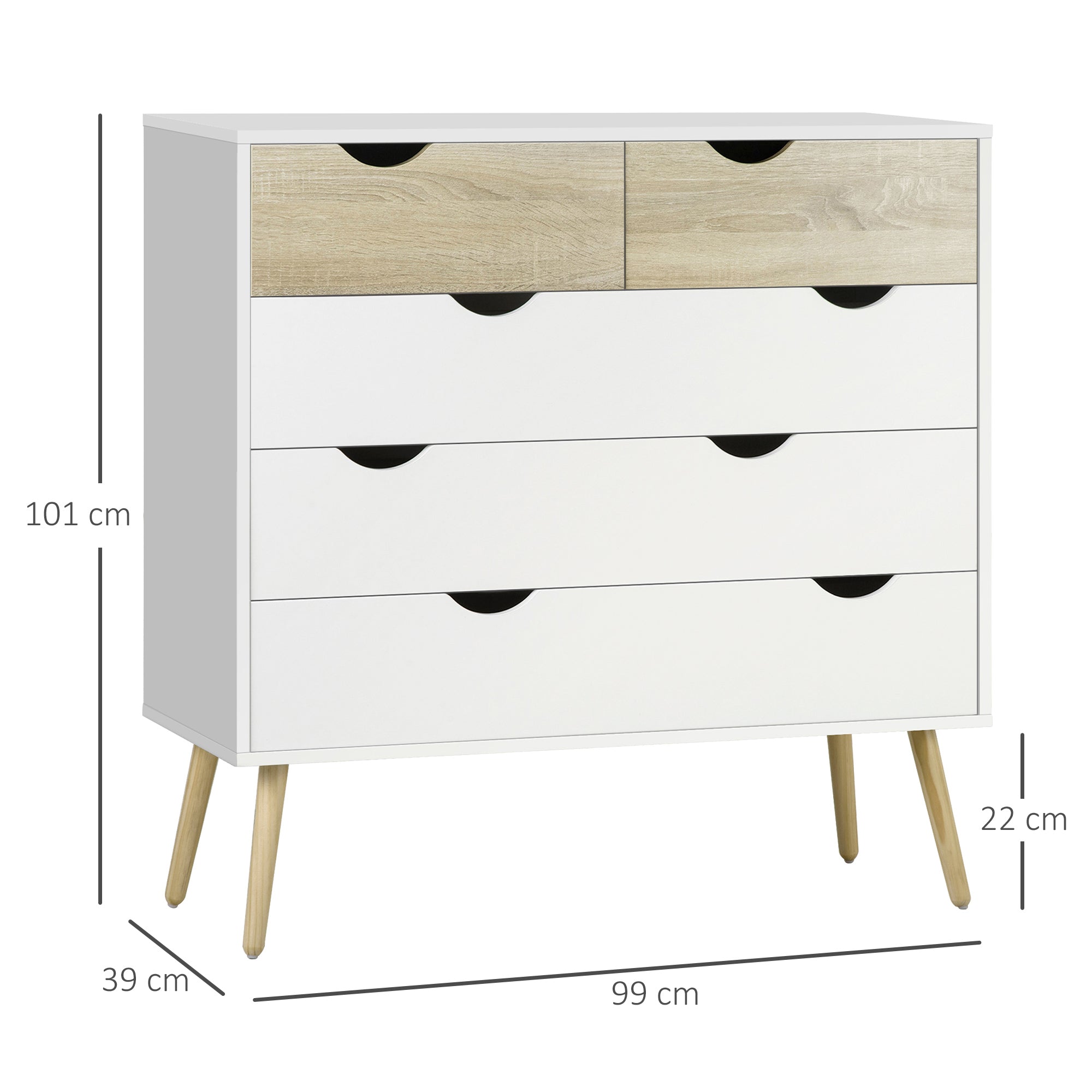 Scandinavian Design 5-Drawer Chest of Drawers Storage Unit Particle Boards 99 x 39 x 101 cm White Light Oak