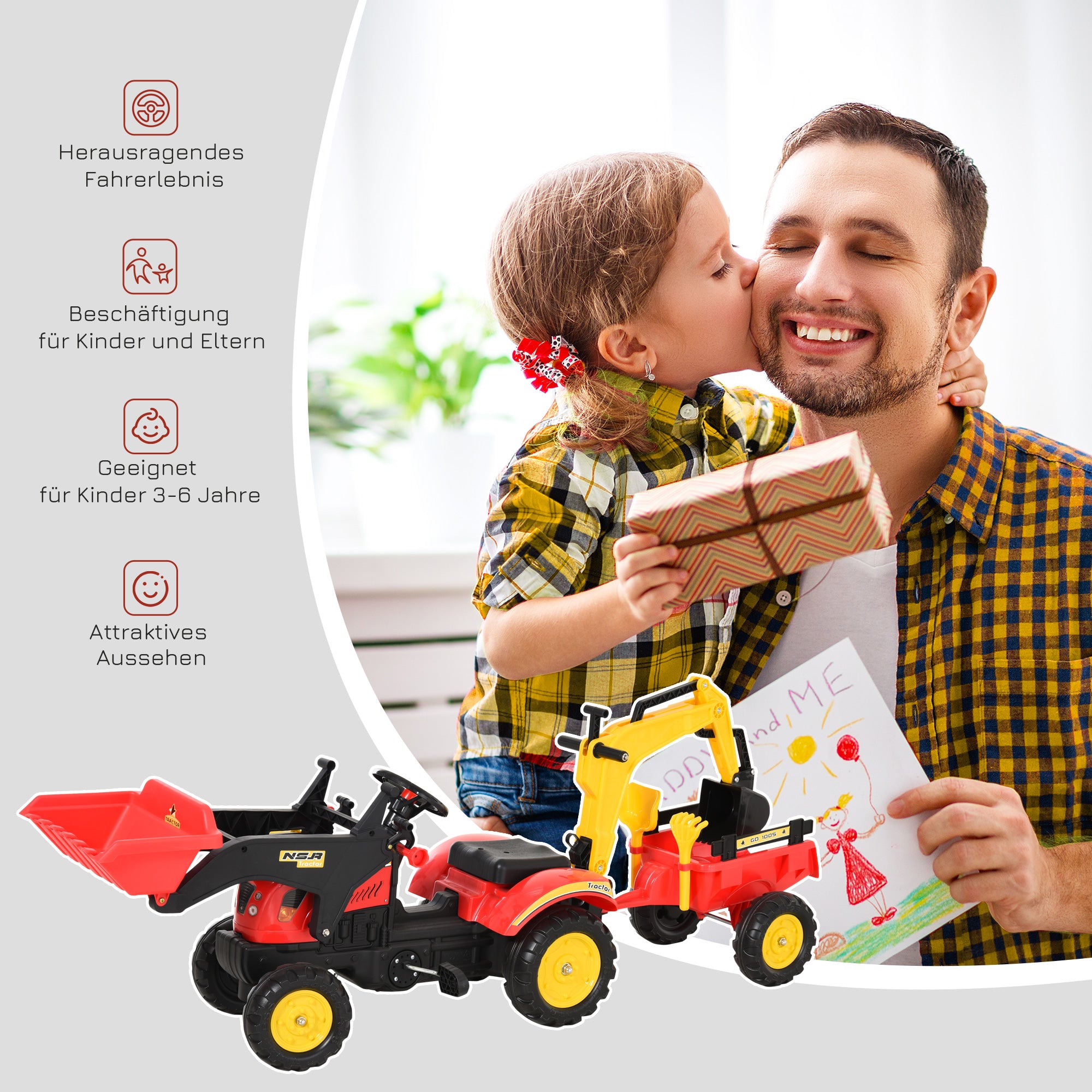Pedal Tractor with Trailer, Front Loader, Adjustable Shovel, Tractor Ride-On Toy for Children Aged 3 and Above, Red