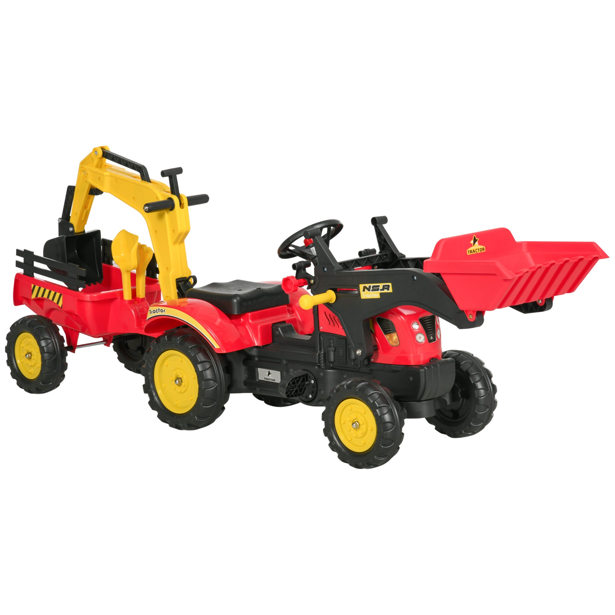 Pedal Tractor with Trailer, Front Loader, Adjustable Shovel, Tractor Ride-On Toy for Children Aged 3 and Above, Red