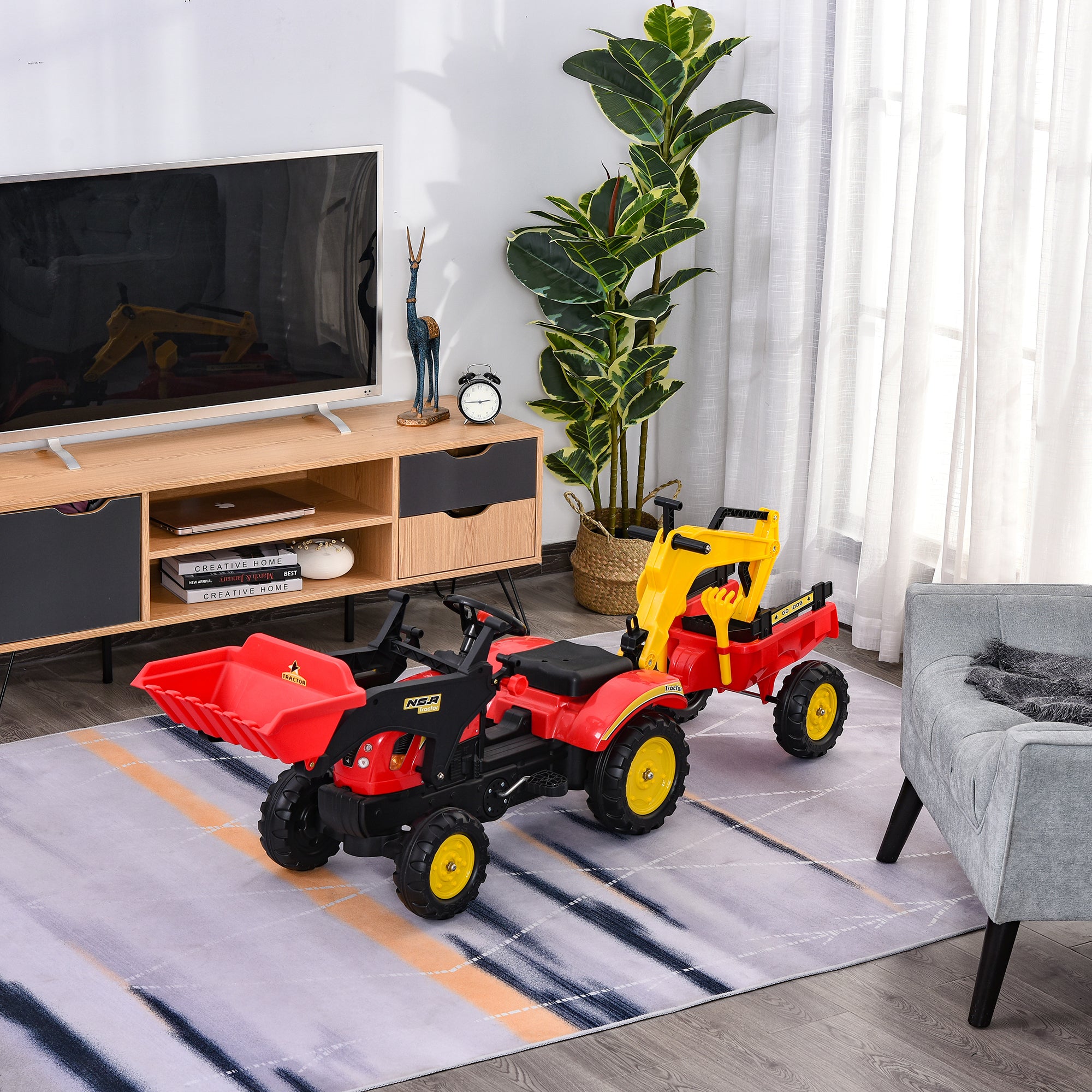 Pedal Tractor with Trailer, Front Loader, Adjustable Shovel, Tractor Ride-On Toy for Children Aged 3 and Above, Red
