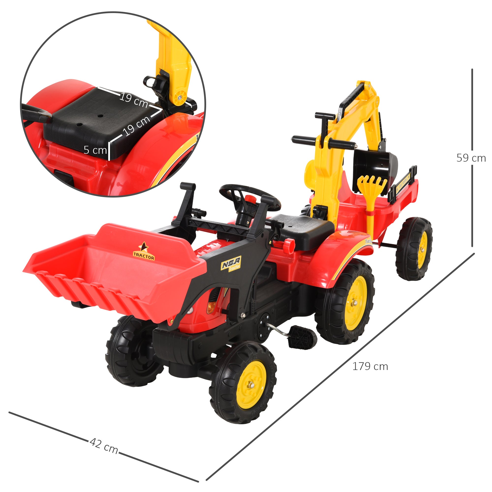 Pedal Tractor with Trailer, Front Loader, Adjustable Shovel, Tractor Ride-On Toy for Children Aged 3 and Above, Red