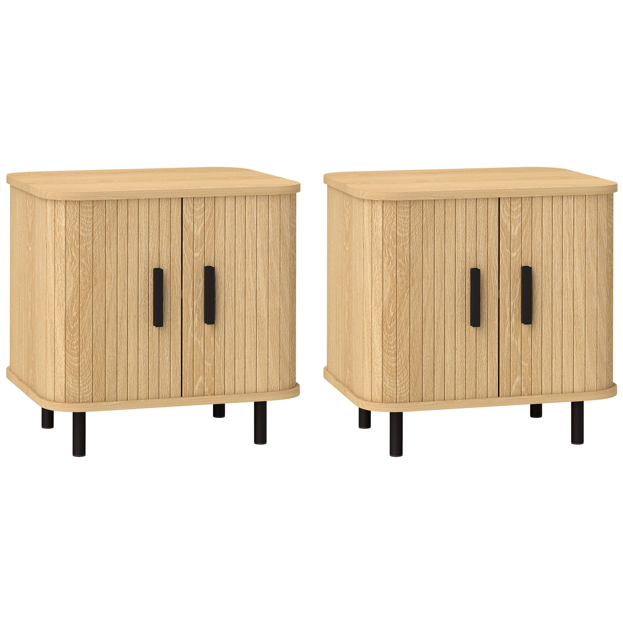 Pack of 2 Nightstands Bedside Tables with Sliding Doors 2 Shelves and Steel Legs Scandinavian Style for Living Room 48x40x48 cm Oak