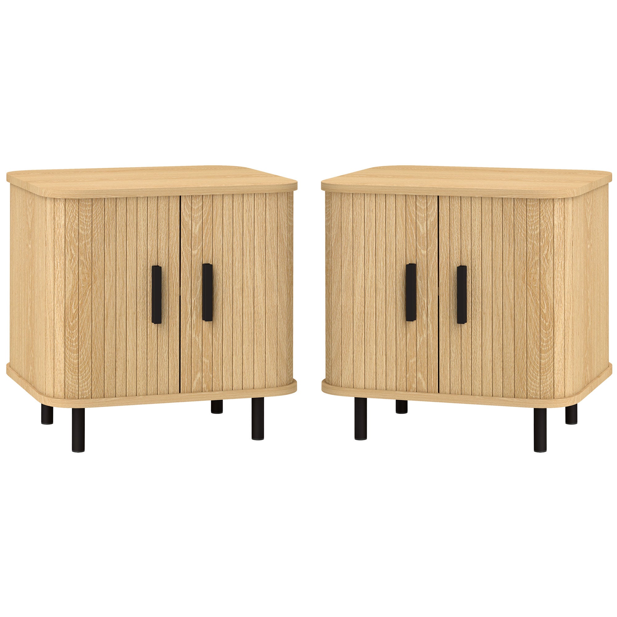 Pack of 2 Nightstands Bedside Tables with Sliding Doors 2 Shelves and Steel Legs Scandinavian Style for Living Room 48x40x48 cm Oak