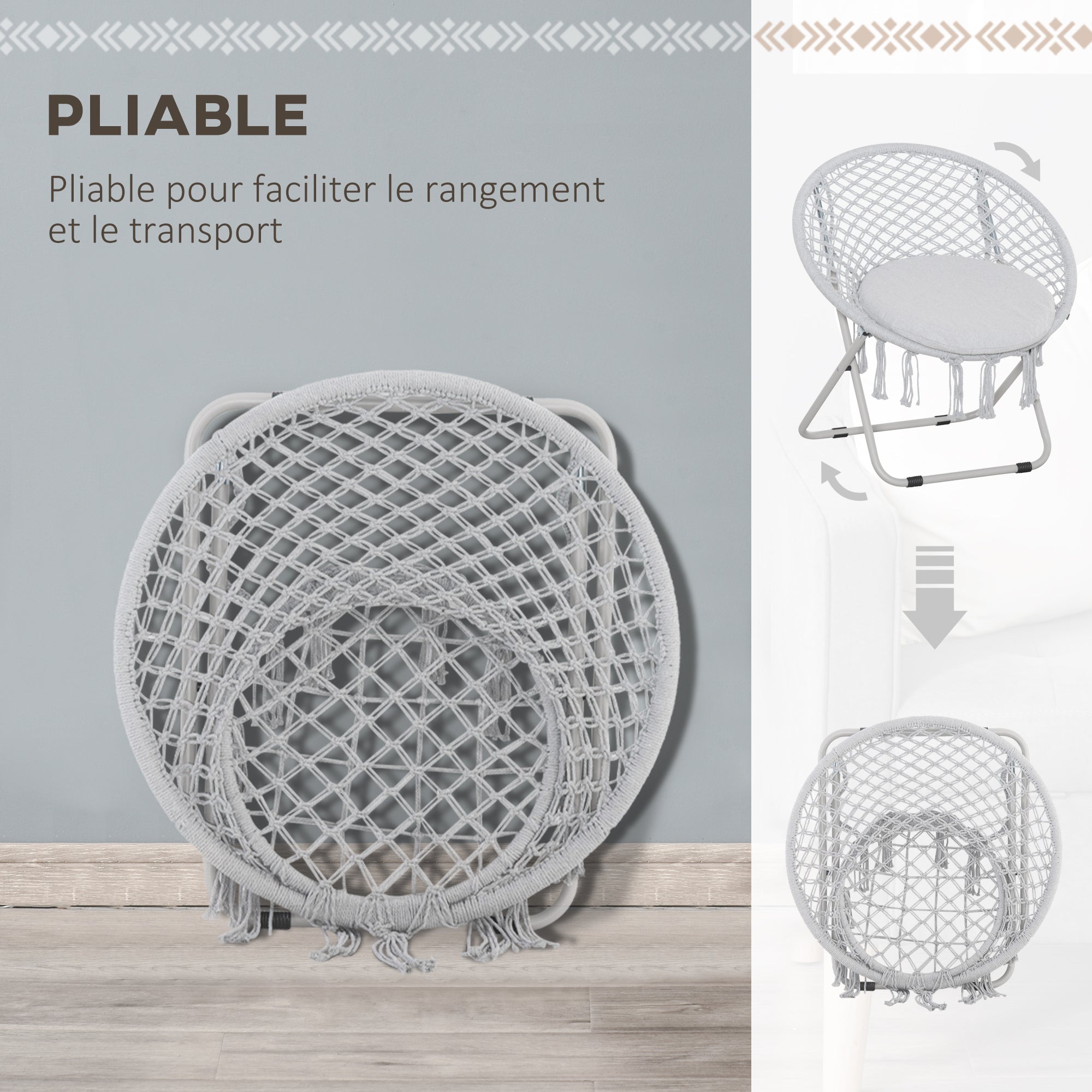 Garden Round Moon Chair Folding Papasan Chair Macrame Cotton Polyester Gray