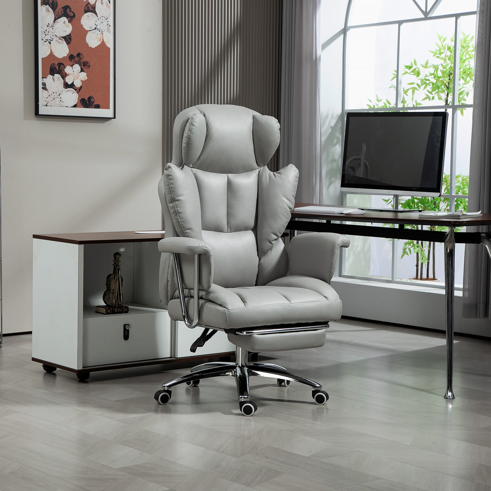 Office Chair with Reclining Function, Ergonomic Desk Chair, Height Adjustable Swivel Chair with Footrest, Padded, Holds Up to 120 kg, for Office, Study Room, Light Gray