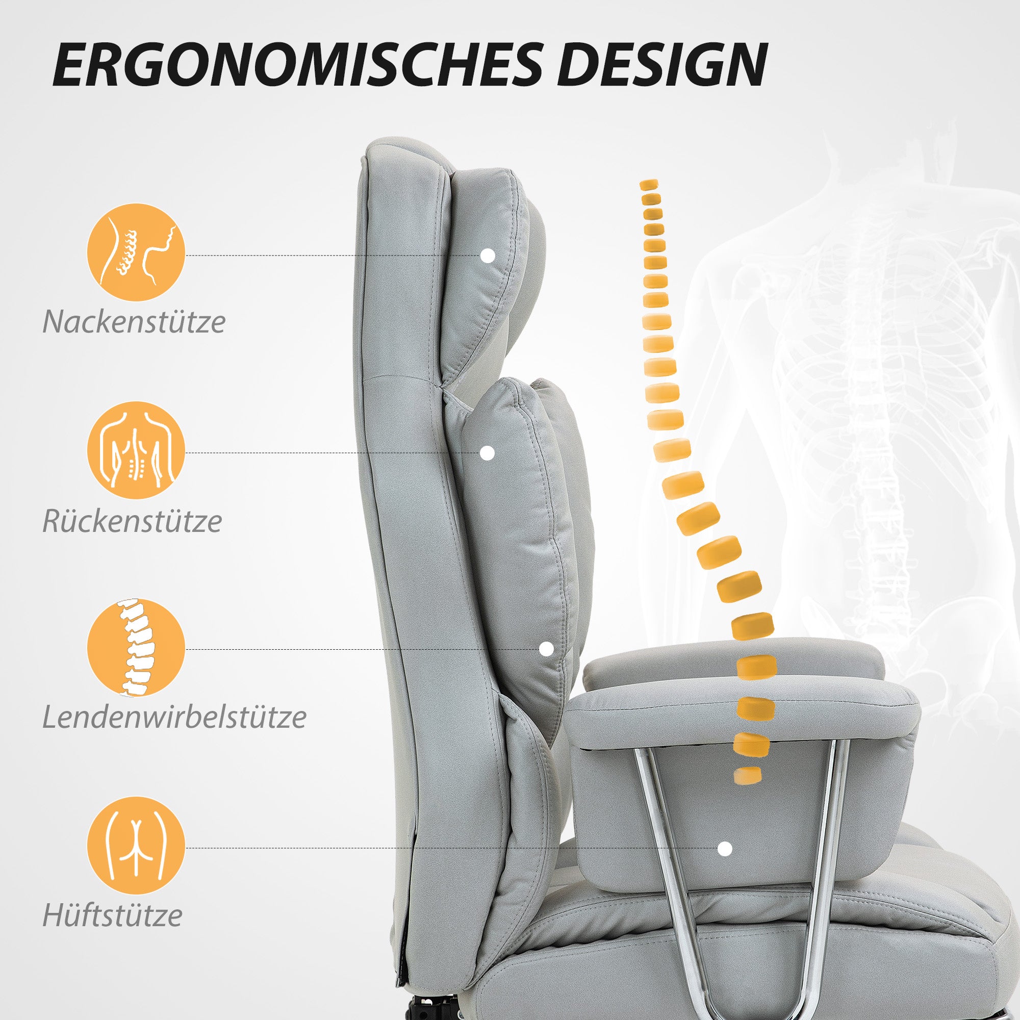 Office Chair with Reclining Function, Ergonomic Desk Chair, Height Adjustable Swivel Chair with Footrest, Padded, Holds Up to 120 kg, for Office, Study Room, Light Gray