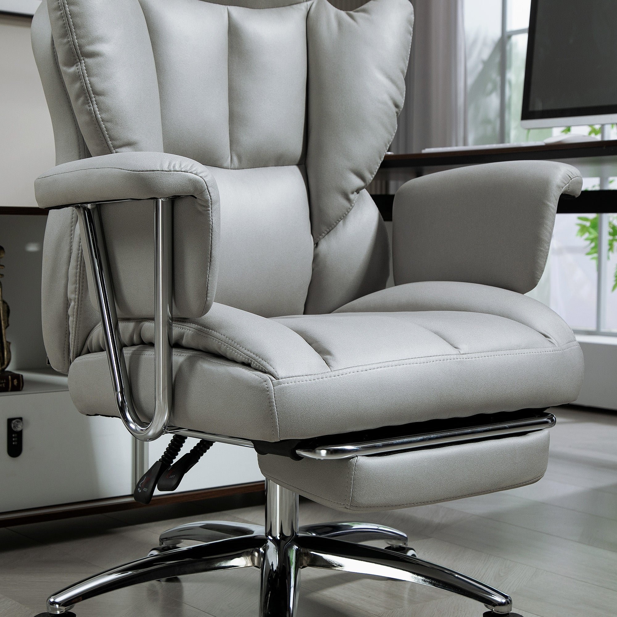 Office Chair with Reclining Function, Ergonomic Desk Chair, Height Adjustable Swivel Chair with Footrest, Padded, Holds Up to 120 kg, for Office, Study Room, Light Gray