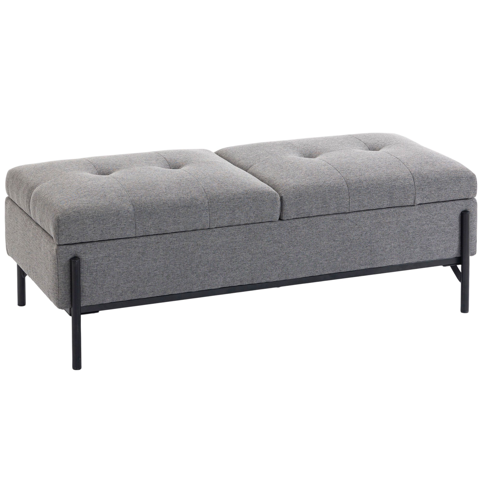 Storage Bench, Linen Ottoman with 2 Compartments, Hinged Lids and Extra-Thick Cushion, Button-Tufted Seat, for Bedroom, Living Room, Hallway — 46.1 x 19.7 x 17.3 in (117 x 50 x 44 cm), Gray