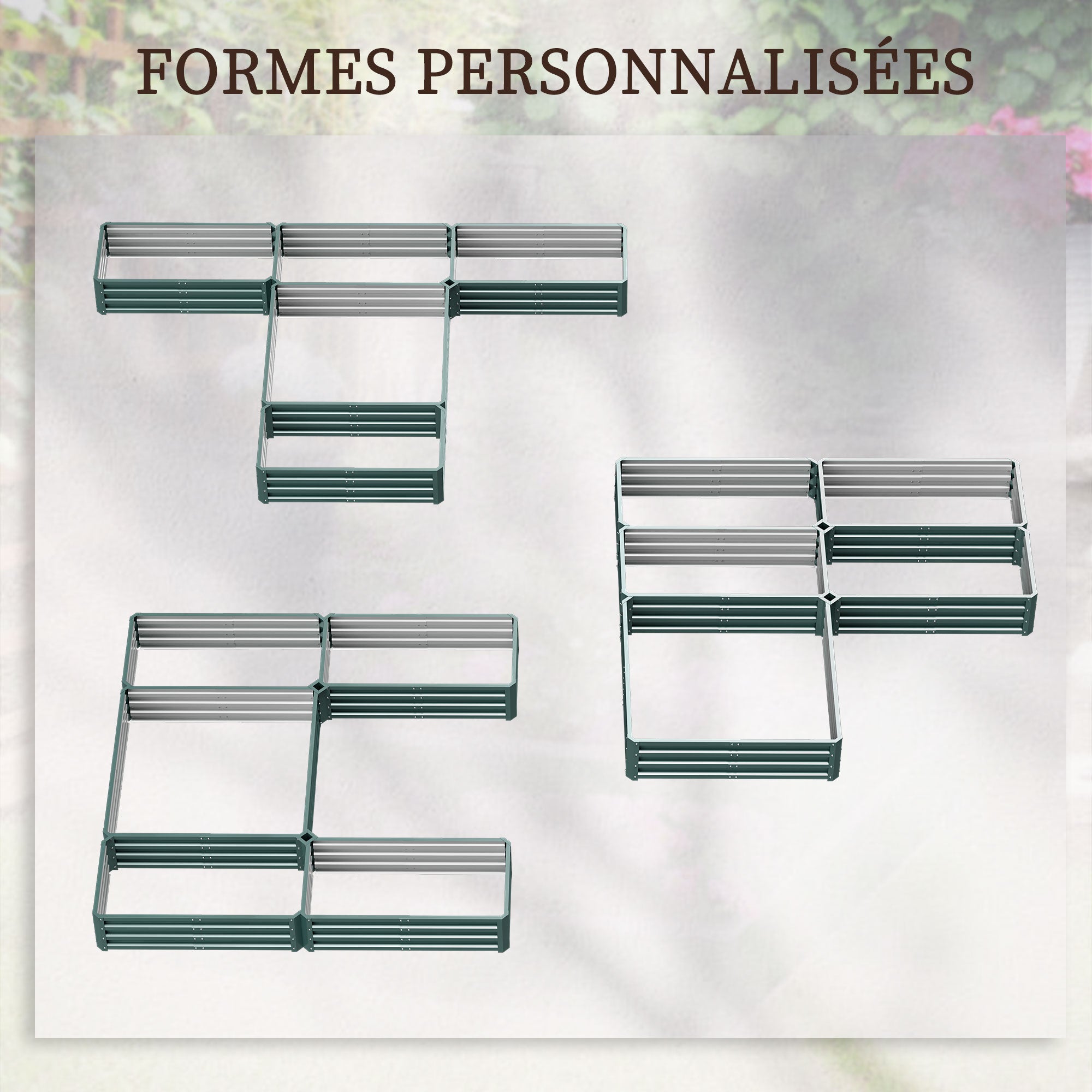 Modular Steel Garden Square Vegetable Planter Box Set of 5 Planters for Vegetables, Plants, Flowers, Dim. 245L x 242W x 31H cm Green