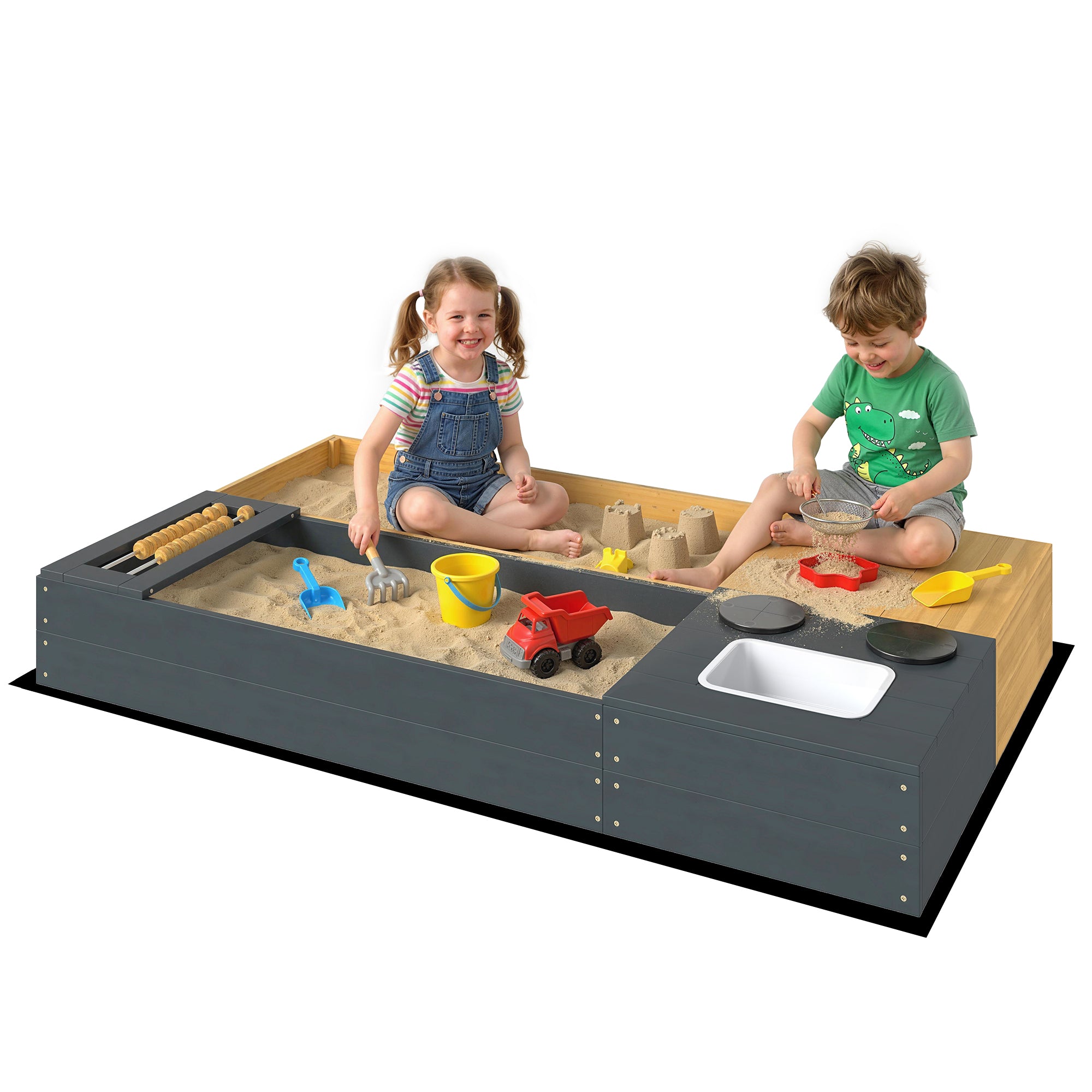 2-Piece Wooden Sandbox 59.1 x 35.4 in with Bench, Storage, Play Stove & Removable Sink, Abacus Beads – Ages 3–8, Yellow