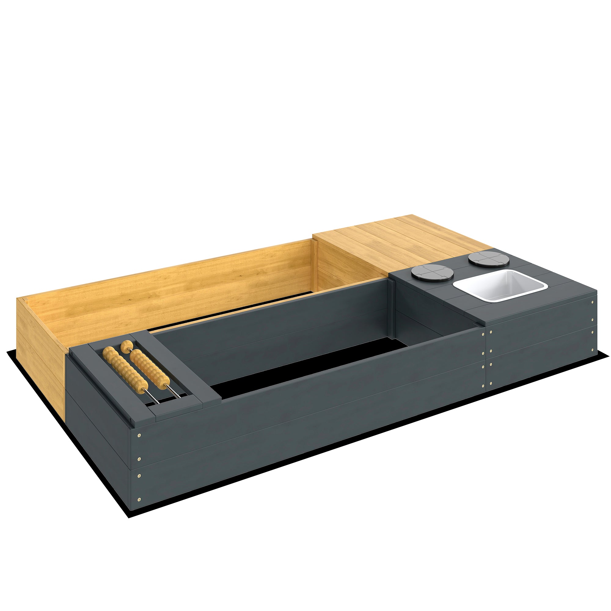 2-Piece Wooden Sandbox 59.1 x 35.4 in with Bench, Storage, Play Stove & Removable Sink, Abacus Beads – Ages 3–8, Yellow