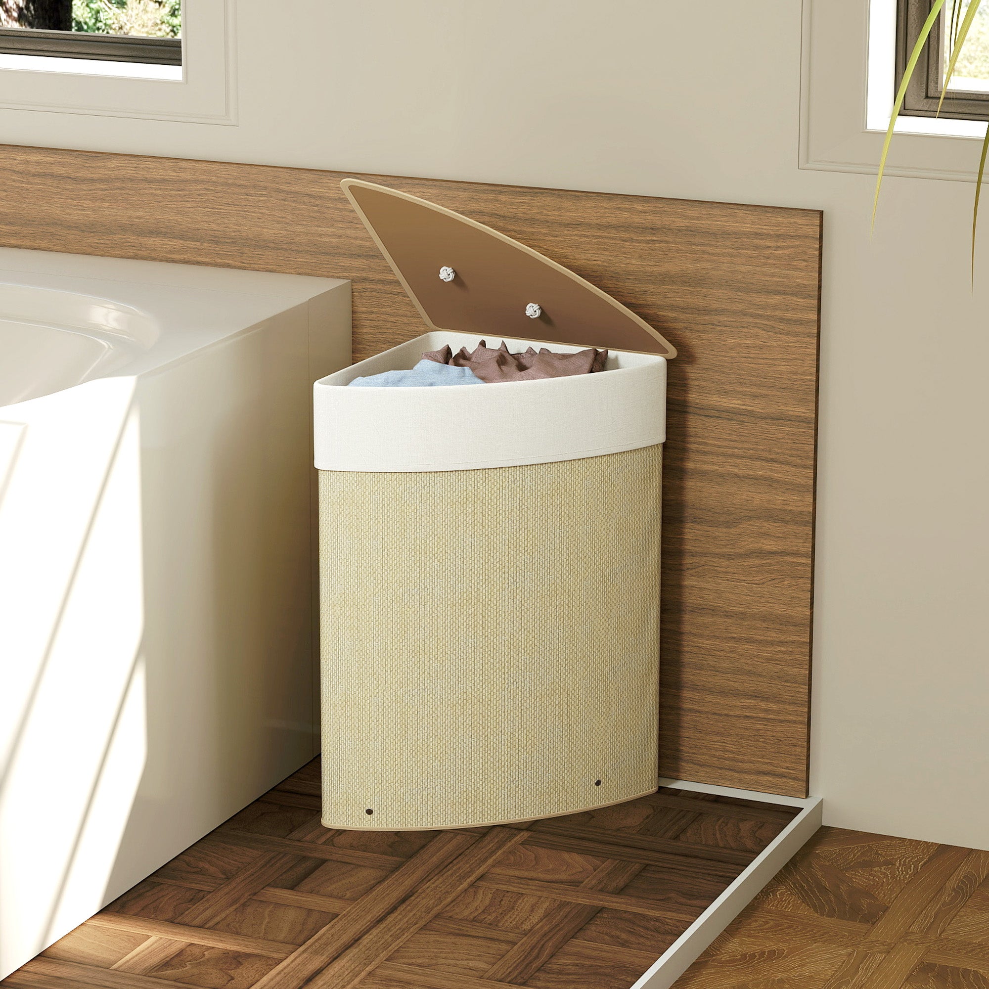 Bamboo Laundry Hamper 55 L – Triangle Corner Design with Removable Washable Liner, Lid & Handle, 35 x 35 x 60 cm (13.8 x 13.8 x 23.6 in), Natural