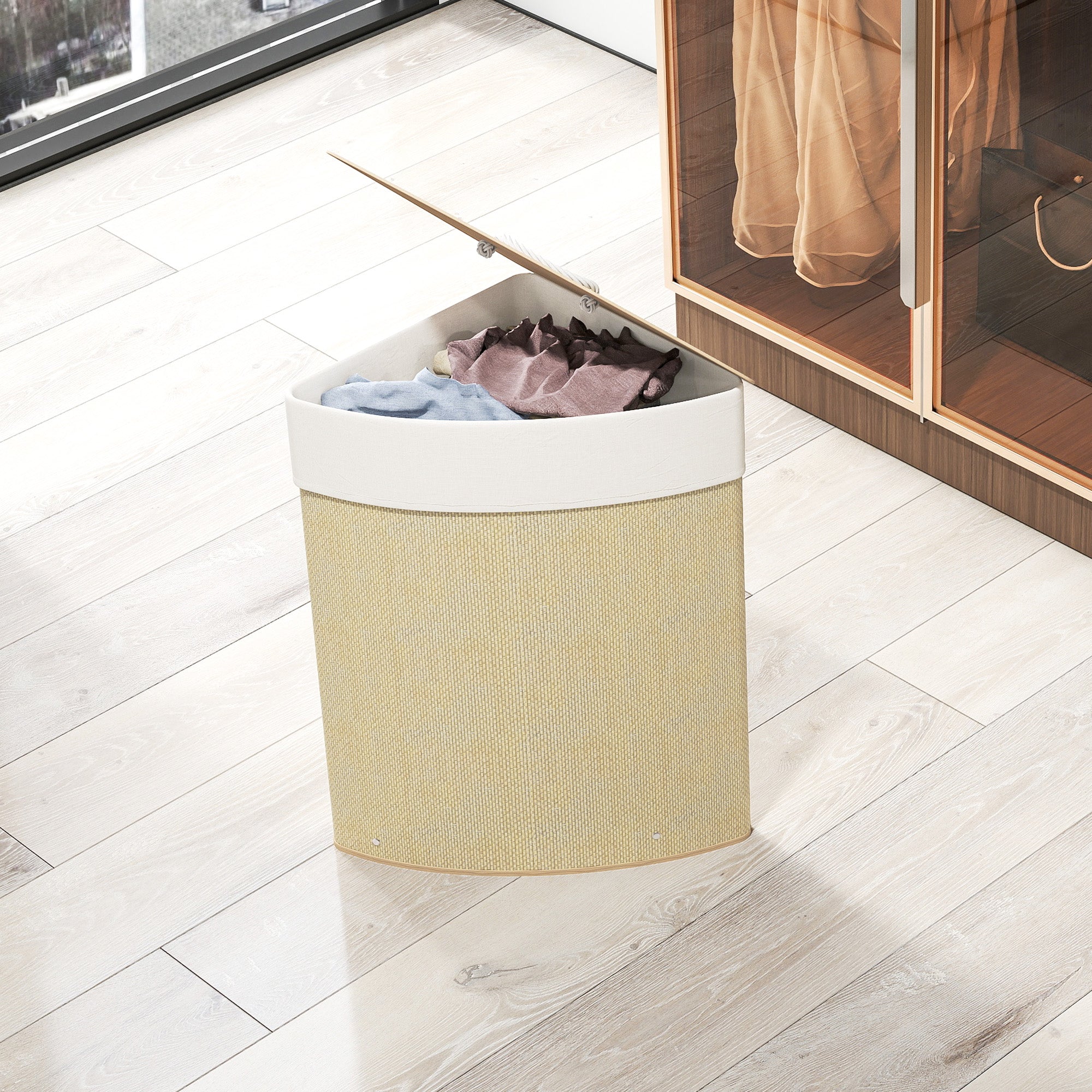 Bamboo Laundry Hamper 55 L – Triangle Corner Design with Removable Washable Liner, Lid & Handle, 35 x 35 x 60 cm (13.8 x 13.8 x 23.6 in), Natural