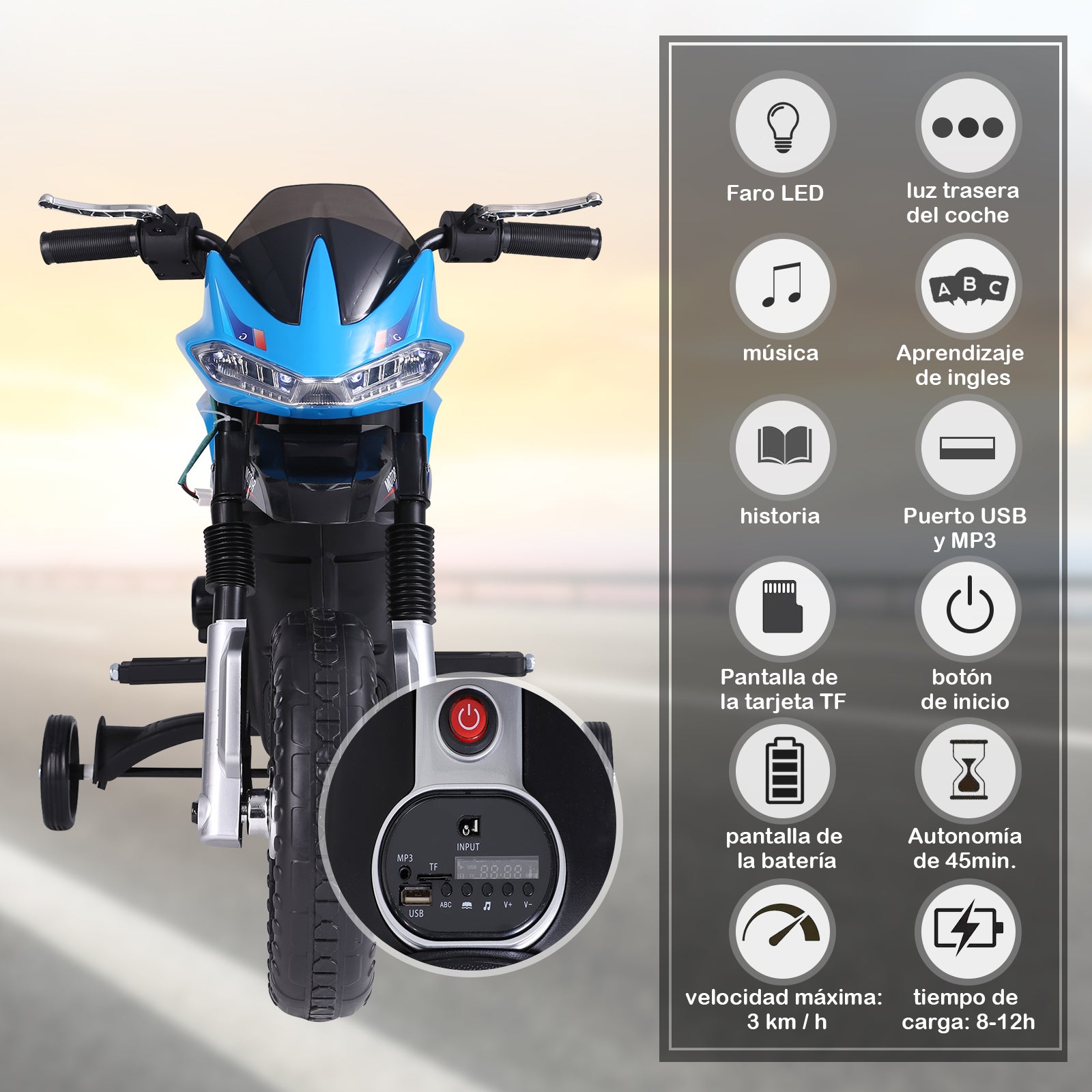 Kids Electric Motorcycle Toy Motorcycle +3 Years 6V Battery with Lights and Music 105x52.3x62.3cm Blue