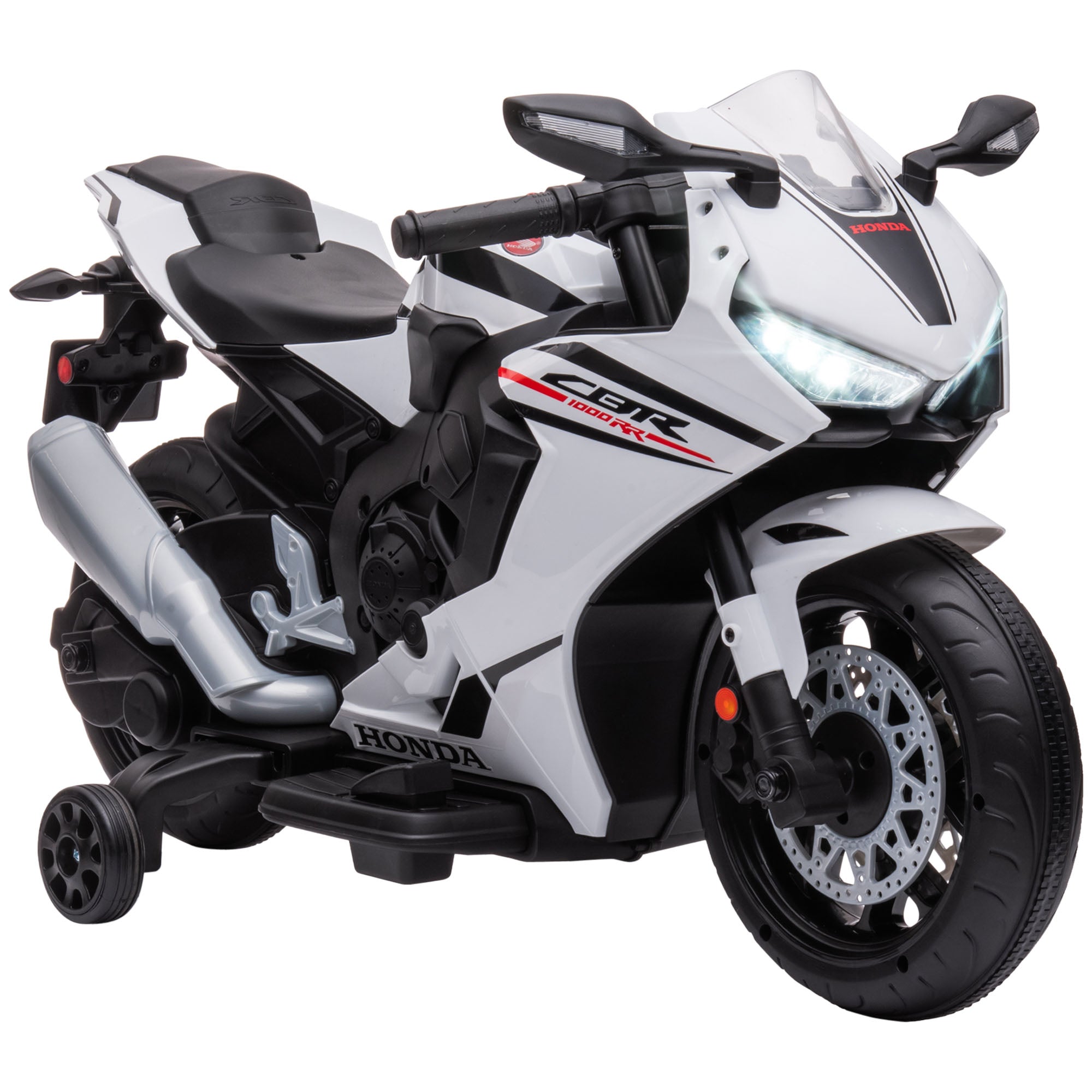 Electric Motorcycle with HONDA License for Kids 3-5 Years 6V Battery-Powered Motorcycle with Headlight, Horn, Music, and Removable Stabilizer Wheels 66 lbs Weight Capacity 90x44x52 cm White