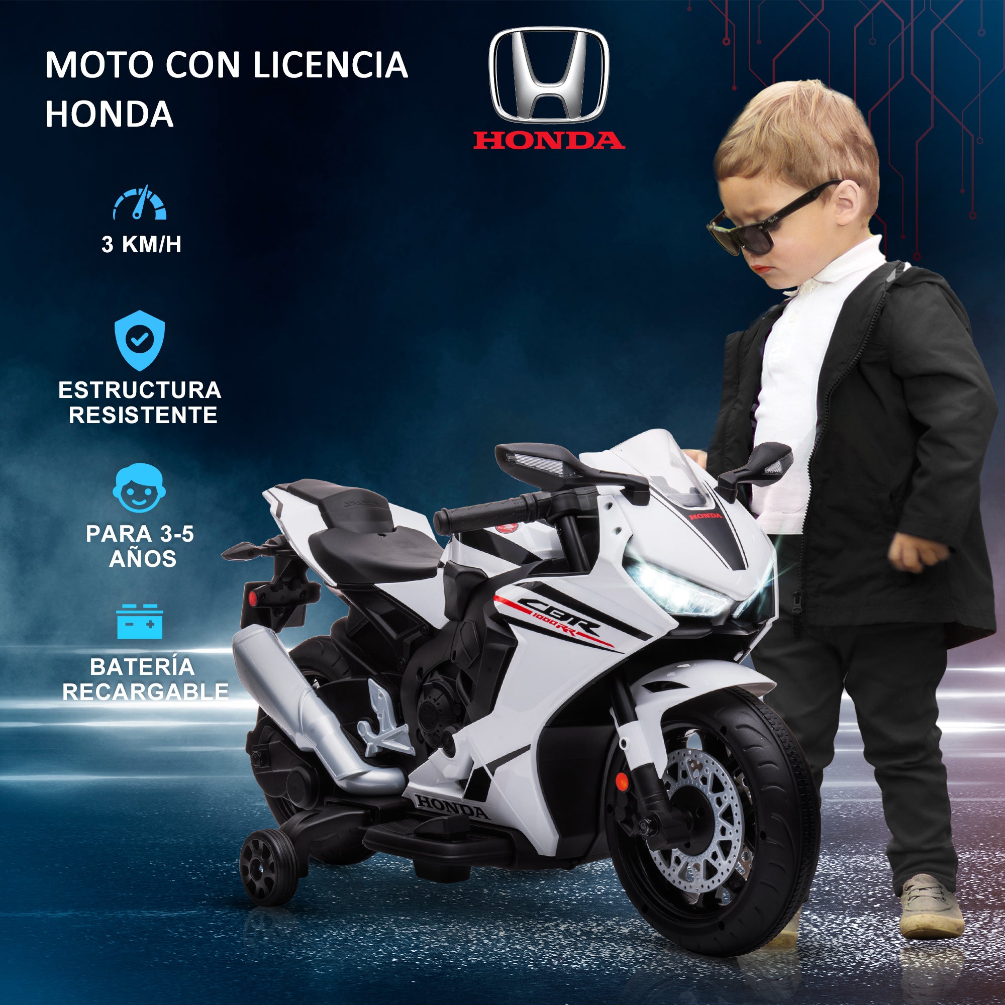 Electric Motorcycle with HONDA License for Kids 3-5 Years 6V Battery-Powered Motorcycle with Headlight, Horn, Music, and Removable Stabilizer Wheels 66 lbs Weight Capacity 90x44x52 cm White