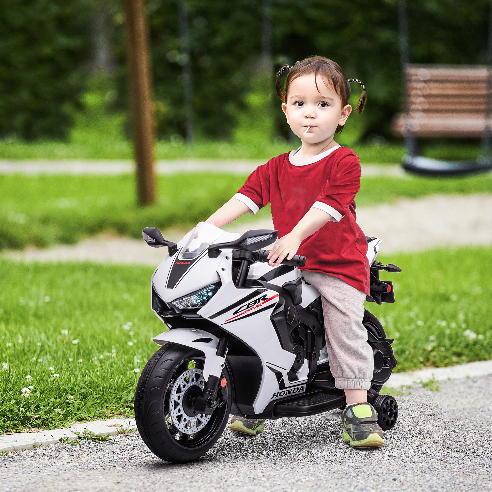 Electric Motorcycle with HONDA License for Kids 3-5 Years 6V Battery-Powered Motorcycle with Headlight, Horn, Music, and Removable Stabilizer Wheels 66 lbs Weight Capacity 90x44x52 cm White