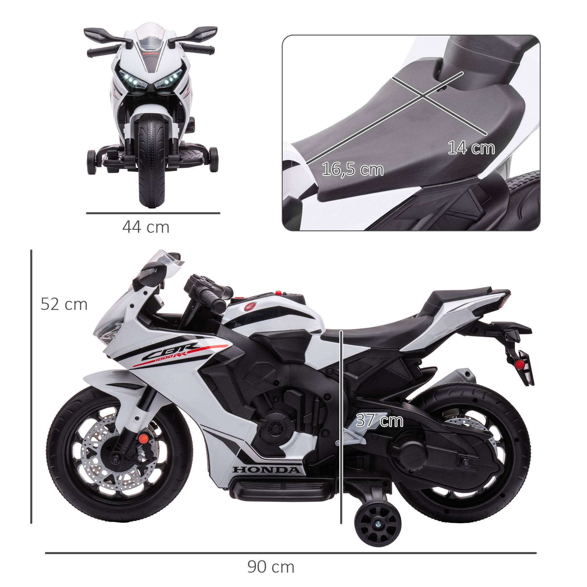 Electric Motorcycle with HONDA License for Kids 3-5 Years 6V Battery-Powered Motorcycle with Headlight, Horn, Music, and Removable Stabilizer Wheels 66 lbs Weight Capacity 90x44x52 cm White