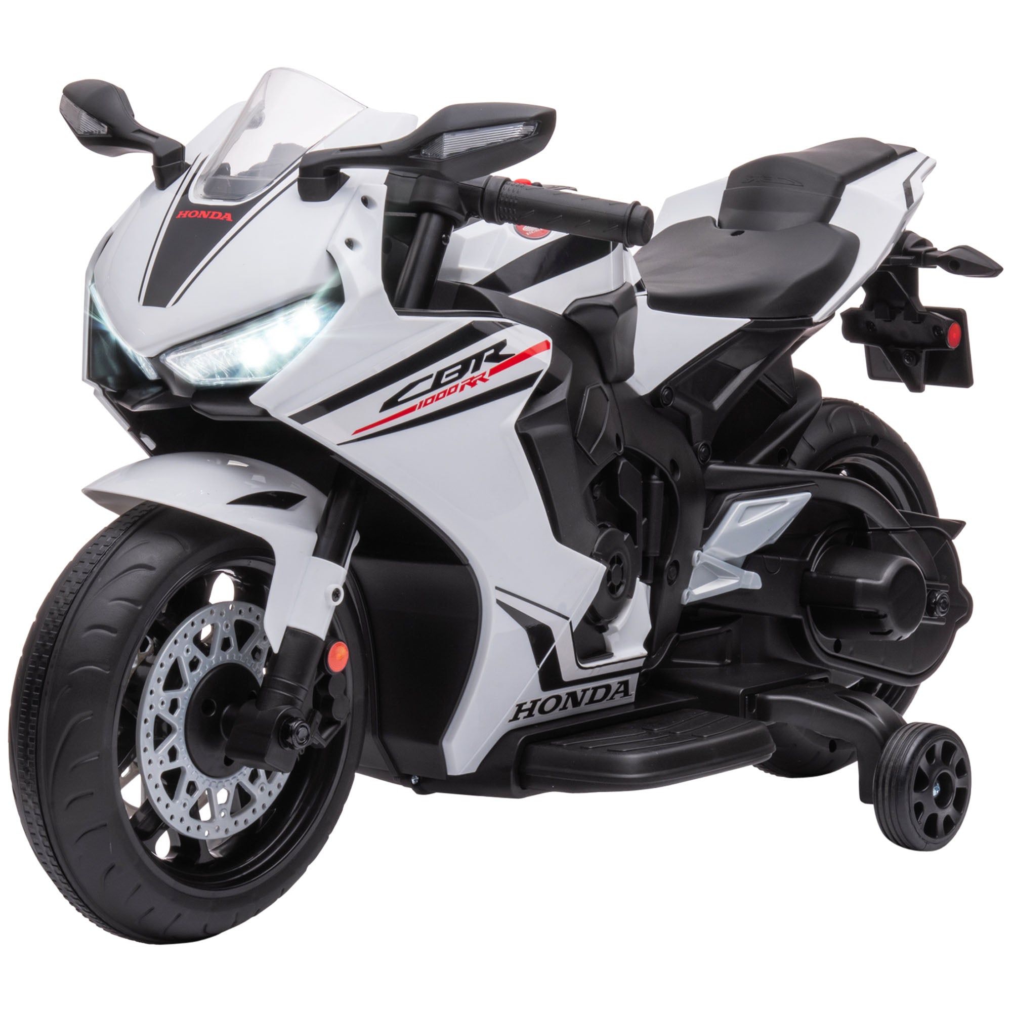 Electric Motorcycle with HONDA License for Kids 3-5 Years 6V Battery-Powered Motorcycle with Headlight, Horn, Music, and Removable Stabilizer Wheels 66 lbs Weight Capacity 90x44x52 cm White