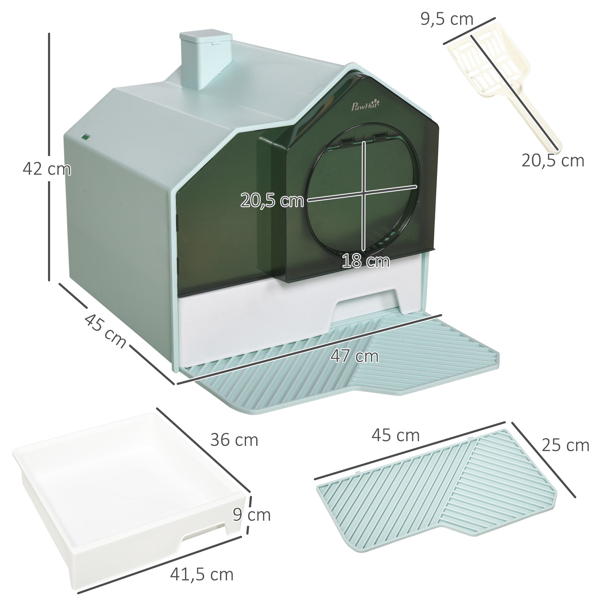 Cat Litter Box with Bottom Tray, Scoop, Filter, Hooded Toilet for Cats up to 8 kg, ABS, Plastic, Light Blue 47 x 45 x 42 cm