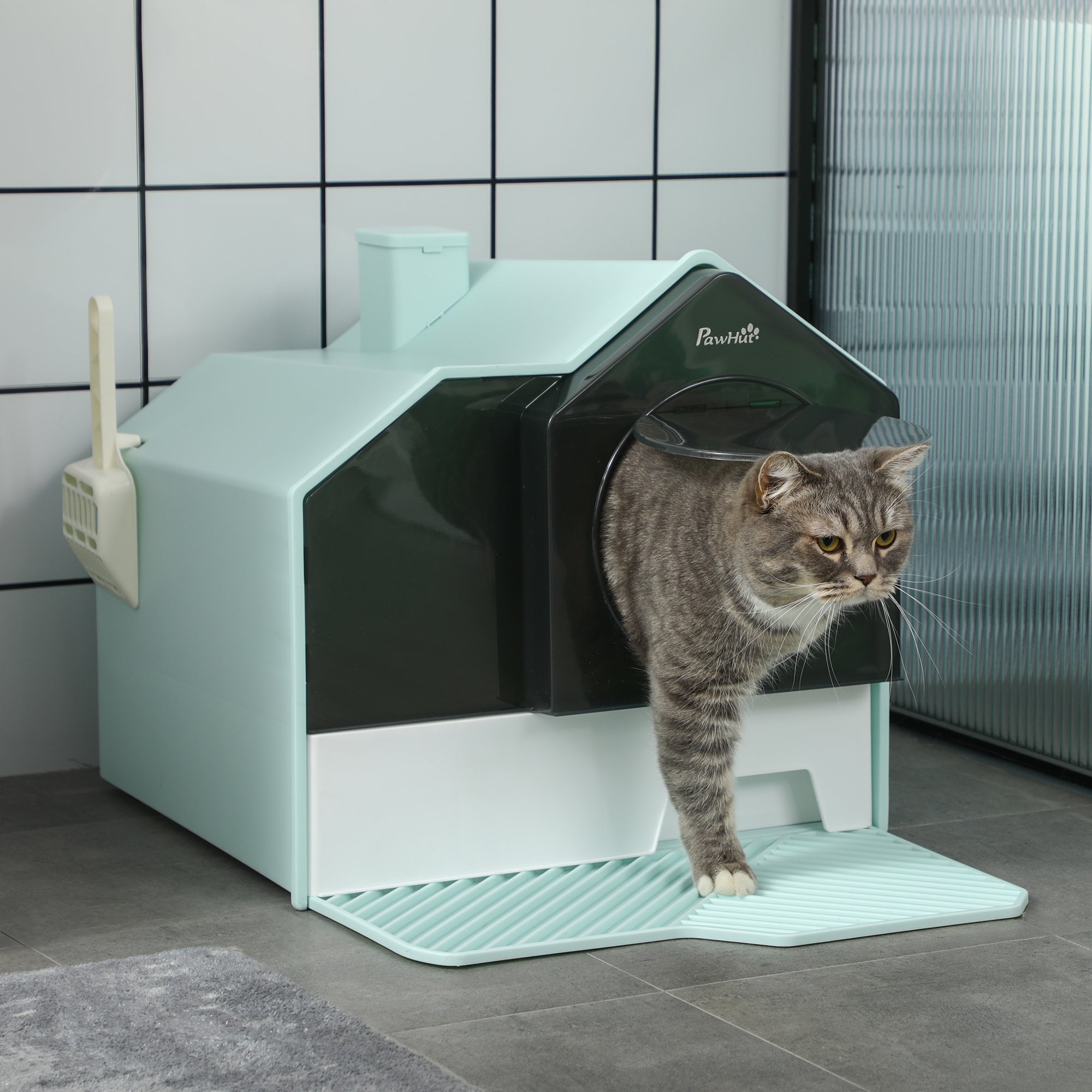 Cat Litter Box with Bottom Tray, Scoop, Filter, Hooded Toilet for Cats up to 8 kg, ABS, Plastic, Light Blue 47 x 45 x 42 cm