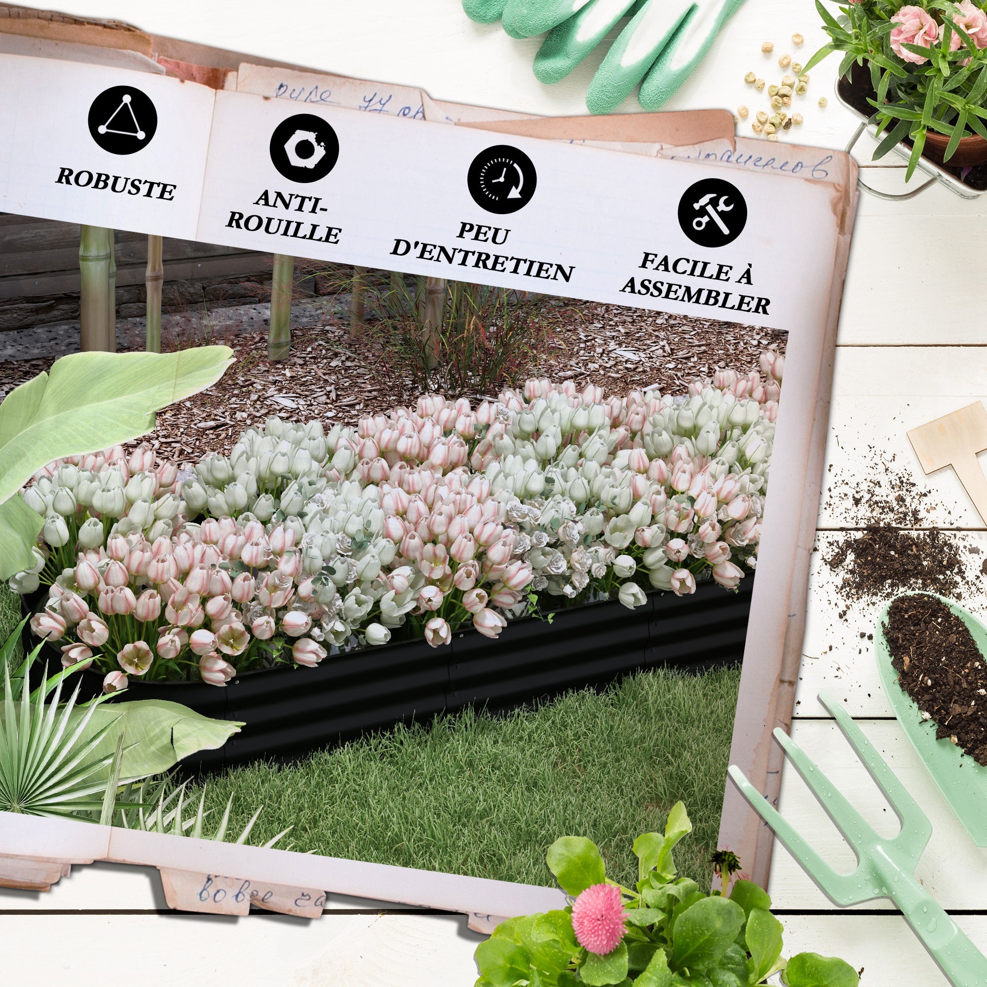 Modular Steel Raised Garden Bed Planter for Vegetables, Plants, Flowers - 240 x 62 x 30cm, Black