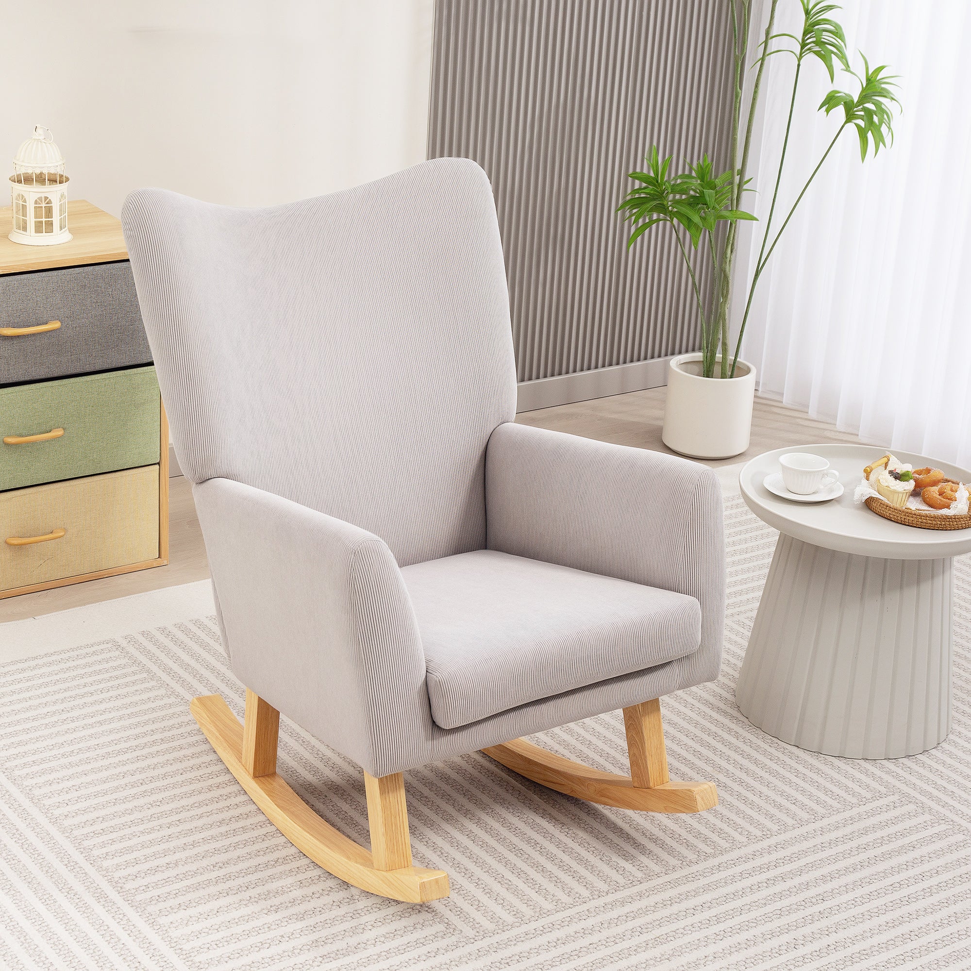 Rocking Chair Rocking Armchair with High Backrest, Corduroy Look, Rocking Chair Armchair Relaxing Armchair with Wide Armrest, Wood Runners, Nursing Chair for Living Room, Bedroom, Balcony Light Gray