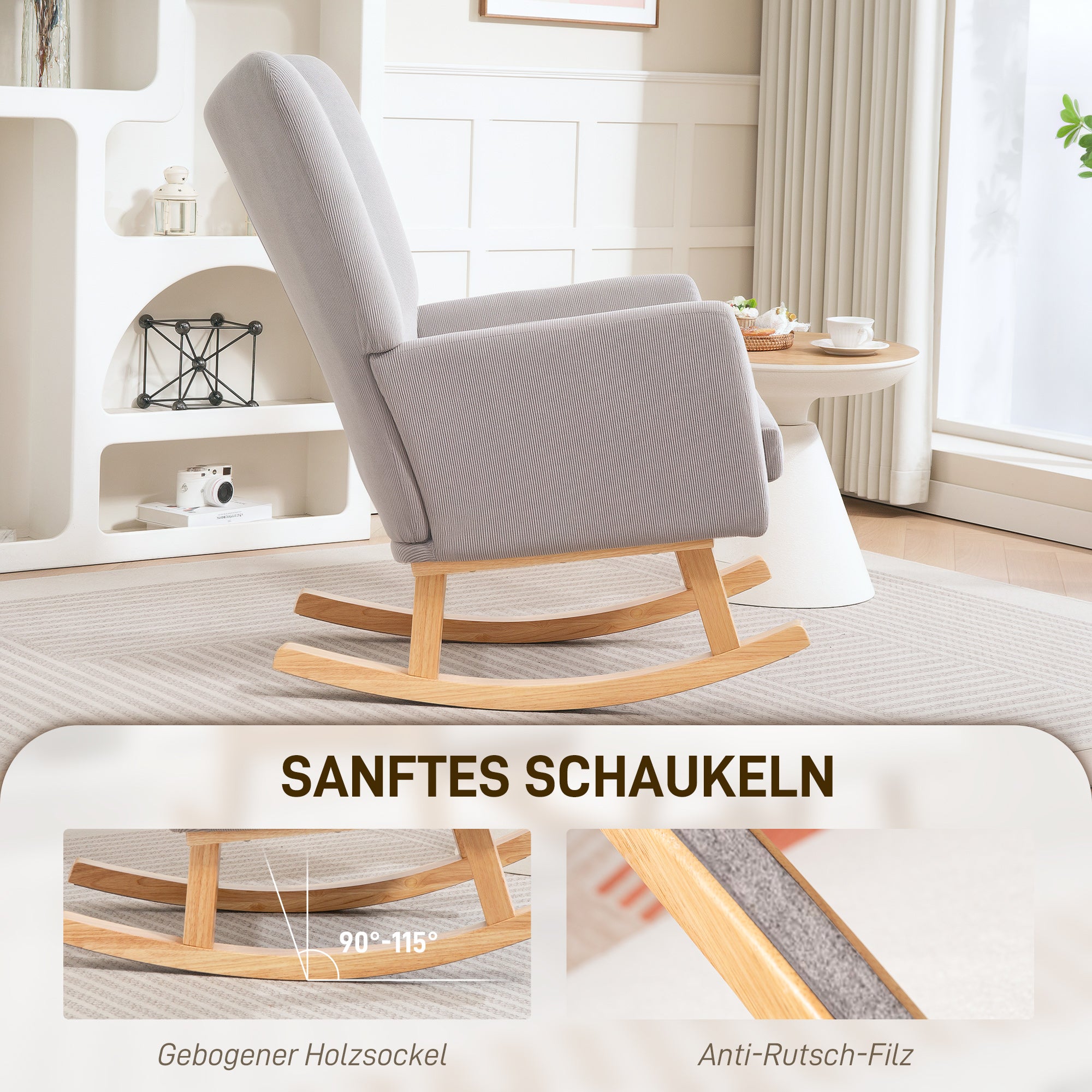 Rocking Chair Rocking Armchair with High Backrest, Corduroy Look, Rocking Chair Armchair Relaxing Armchair with Wide Armrest, Wood Runners, Nursing Chair for Living Room, Bedroom, Balcony Light Gray
