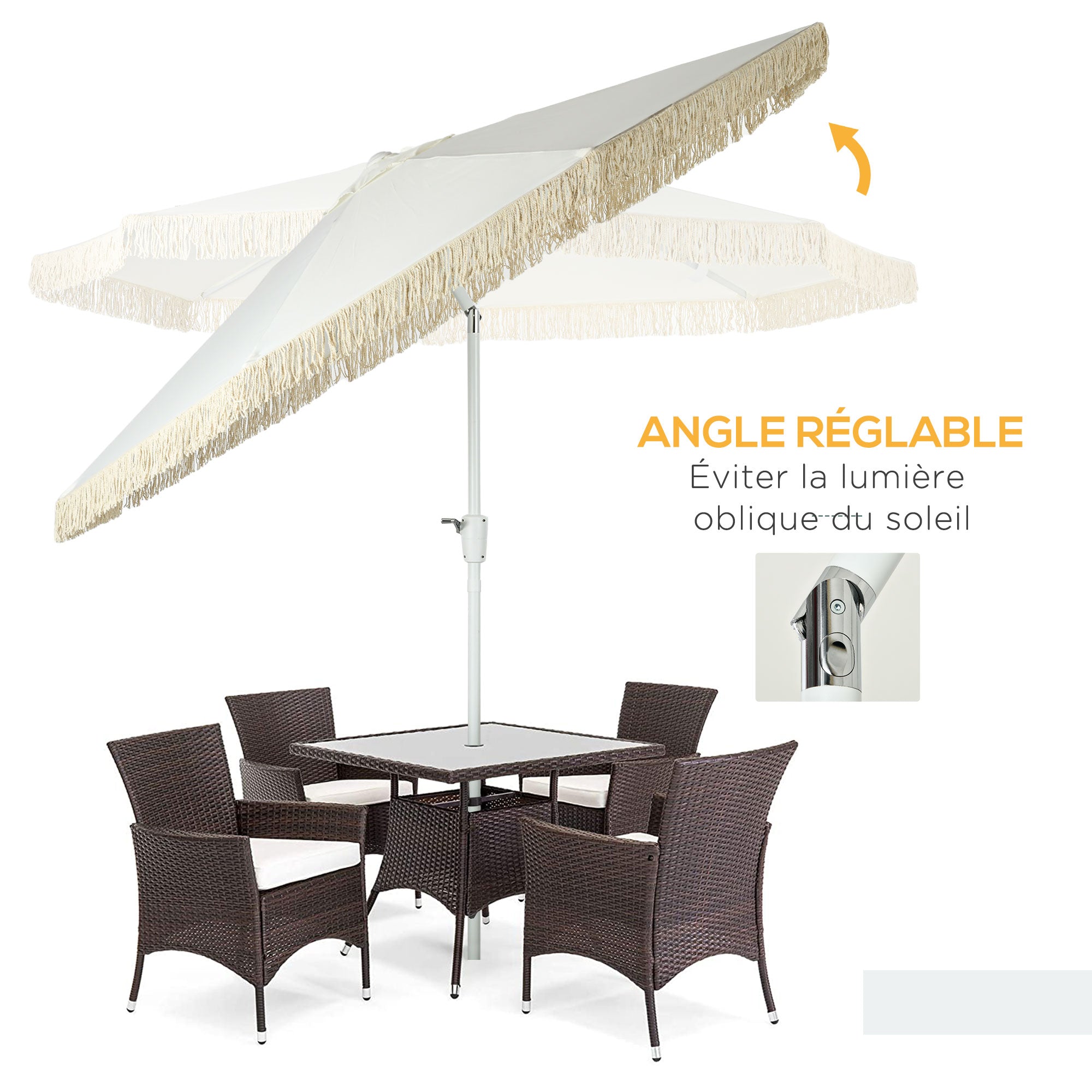 Garden Parasol Outdoor Tilting Fringed Umbrella with Crank 8 Ribs dim. Ø 2.65 x 2.45 H m White