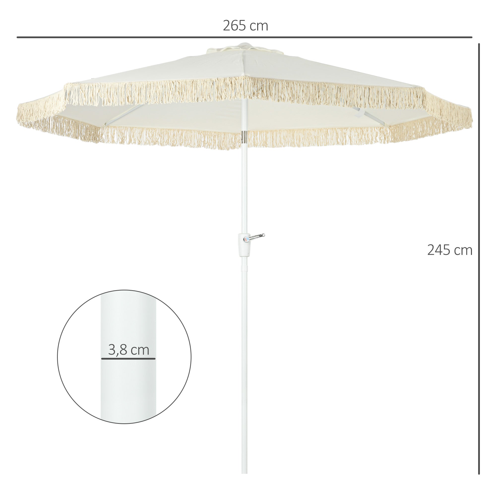 Garden Parasol Outdoor Tilting Fringed Umbrella with Crank 8 Ribs dim. Ø 2.65 x 2.45 H m White