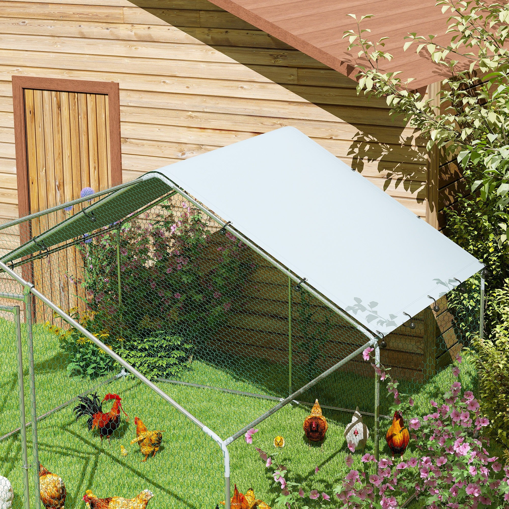 Outdoor Chicken Coop, 3x3.4x1.9m 10.2m² Zinc-Coated Steel Enclosure for 10-15 Chickens, Chicken Cage with Waterproof Anti-UV Roof and Lock, for Small Animals Ducks and Rabbits