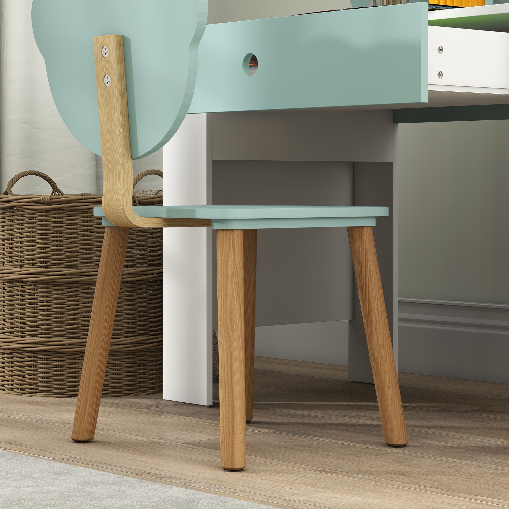 Children's Desk Set with Chair, Study Table with Drawer, Bear-Shaped Backrest, Age 3-8 Years, Green