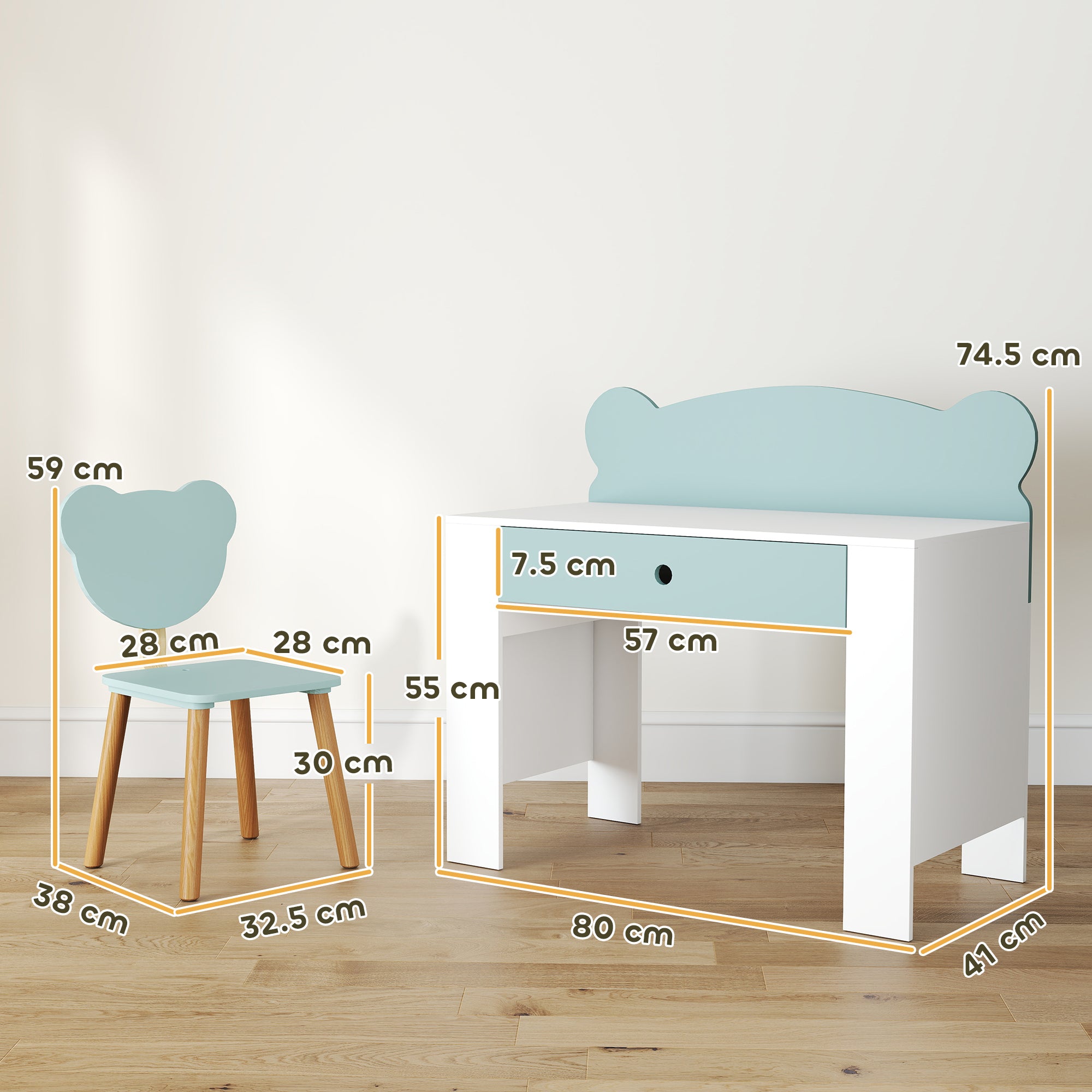 Children's Desk Set with Chair, Study Table with Drawer, Bear-Shaped Backrest, Age 3-8 Years, Green