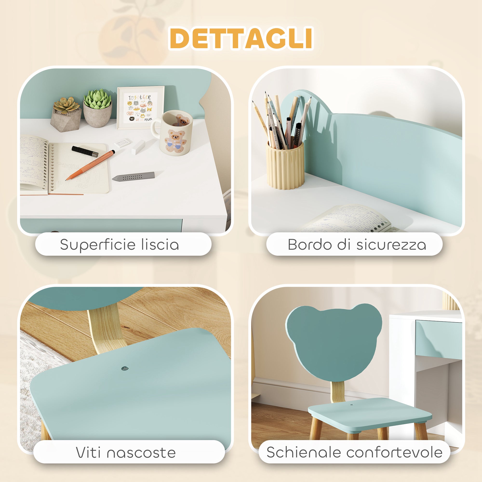 Children's Desk Set with Chair, Study Table with Drawer, Bear-Shaped Backrest, Age 3-8 Years, Green