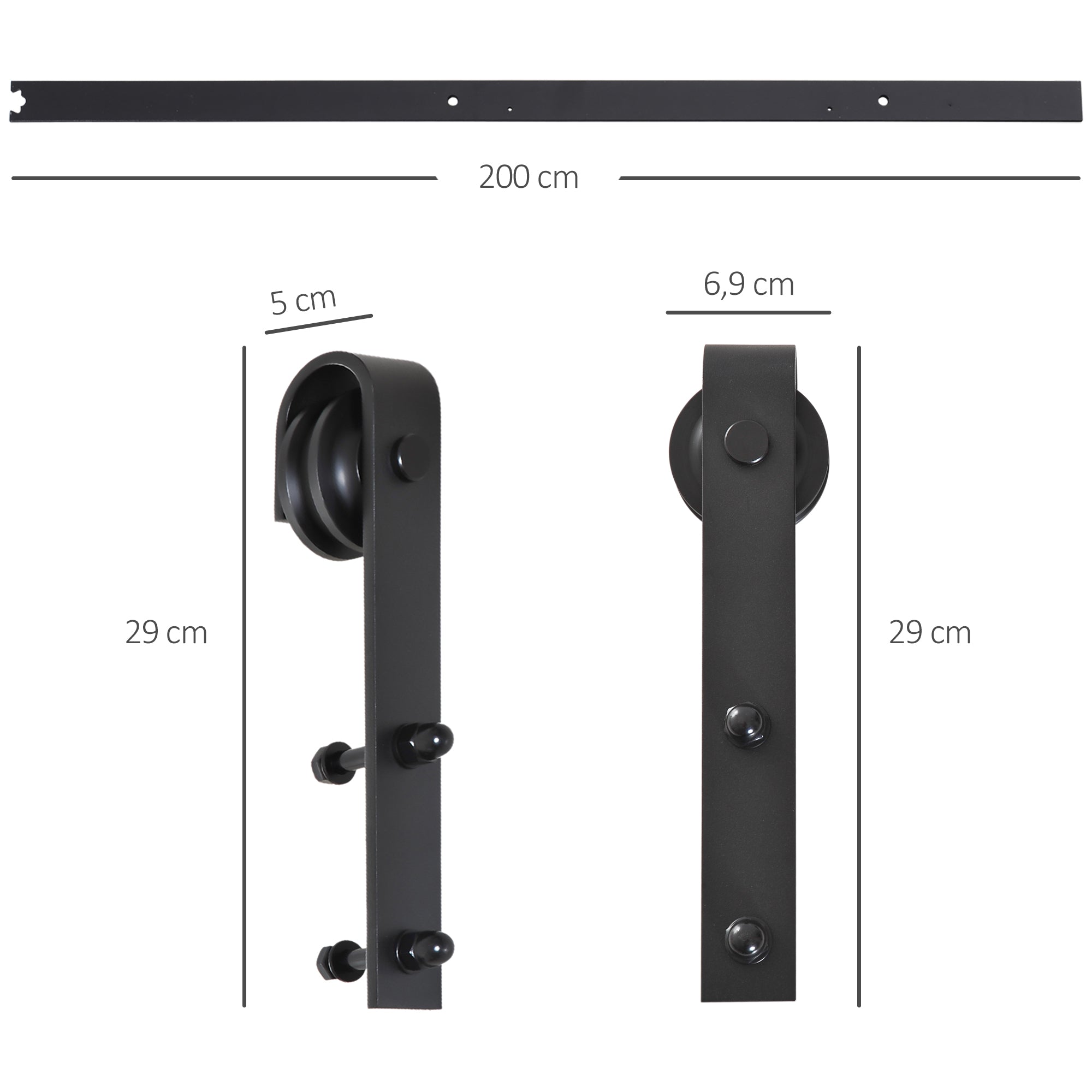Sliding Door Hardware Kit 200 cm Complete Set with Rails, Rollers, Rail Stops, Floor Block, Set of Door Screws, Sliding Door System made of Carbon Steel Black