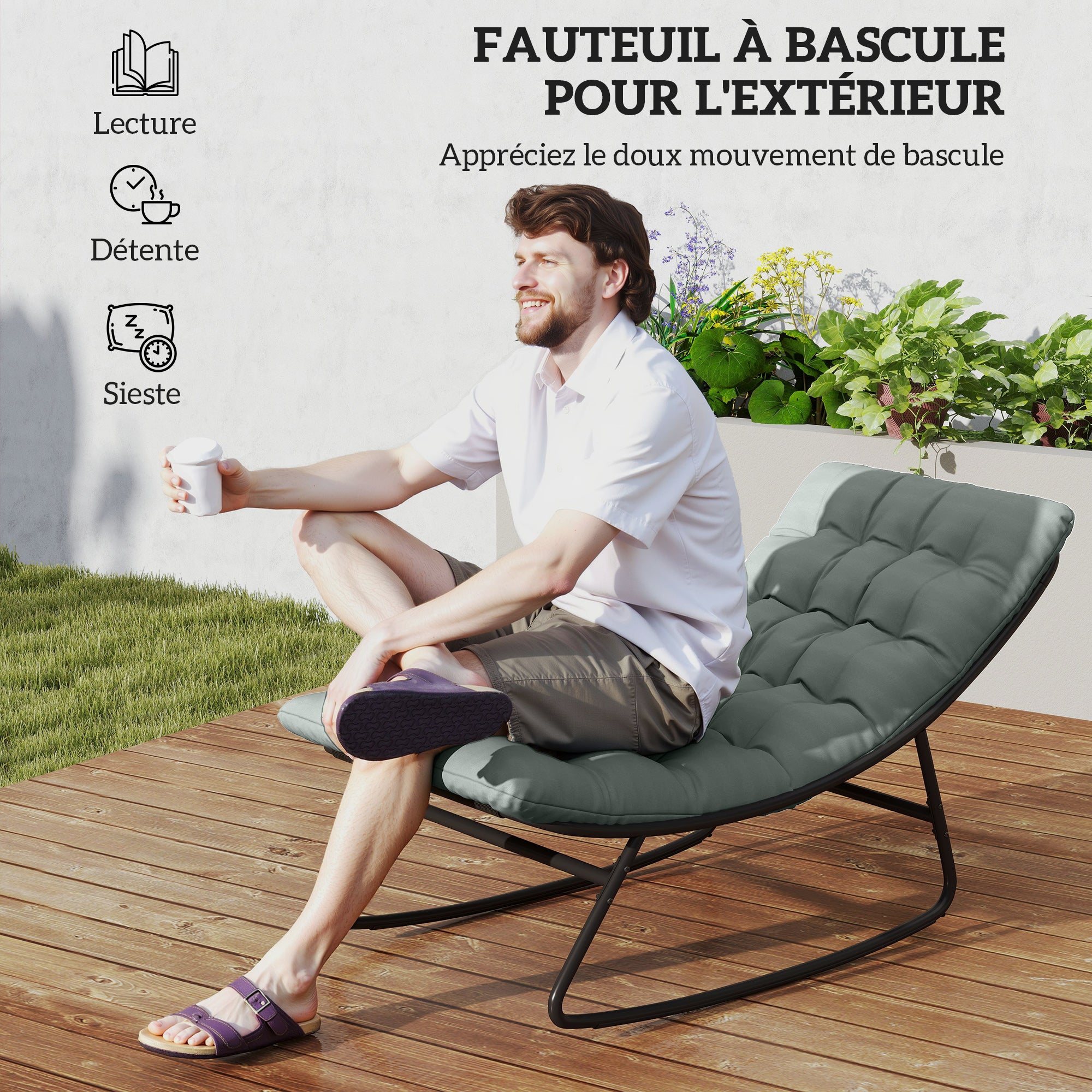 Set of 2 outdoor rocking chairs, rocking chairs with thick cushions, breathable textilene fabric seat and steel frame, outdoor rocking chair, garden, terrace, patio, dark grey