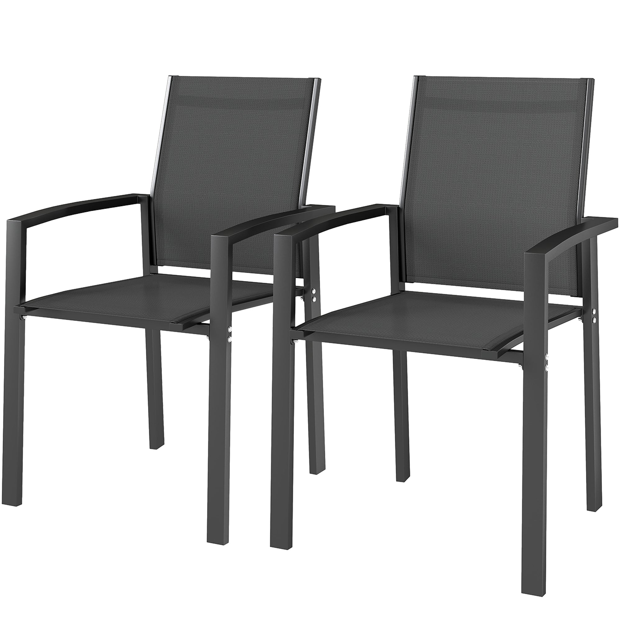 Set of 2 stackable outdoor breathable garden chairs with armrests, in aluminum and textilene for garden, pool, terrace, dark gray