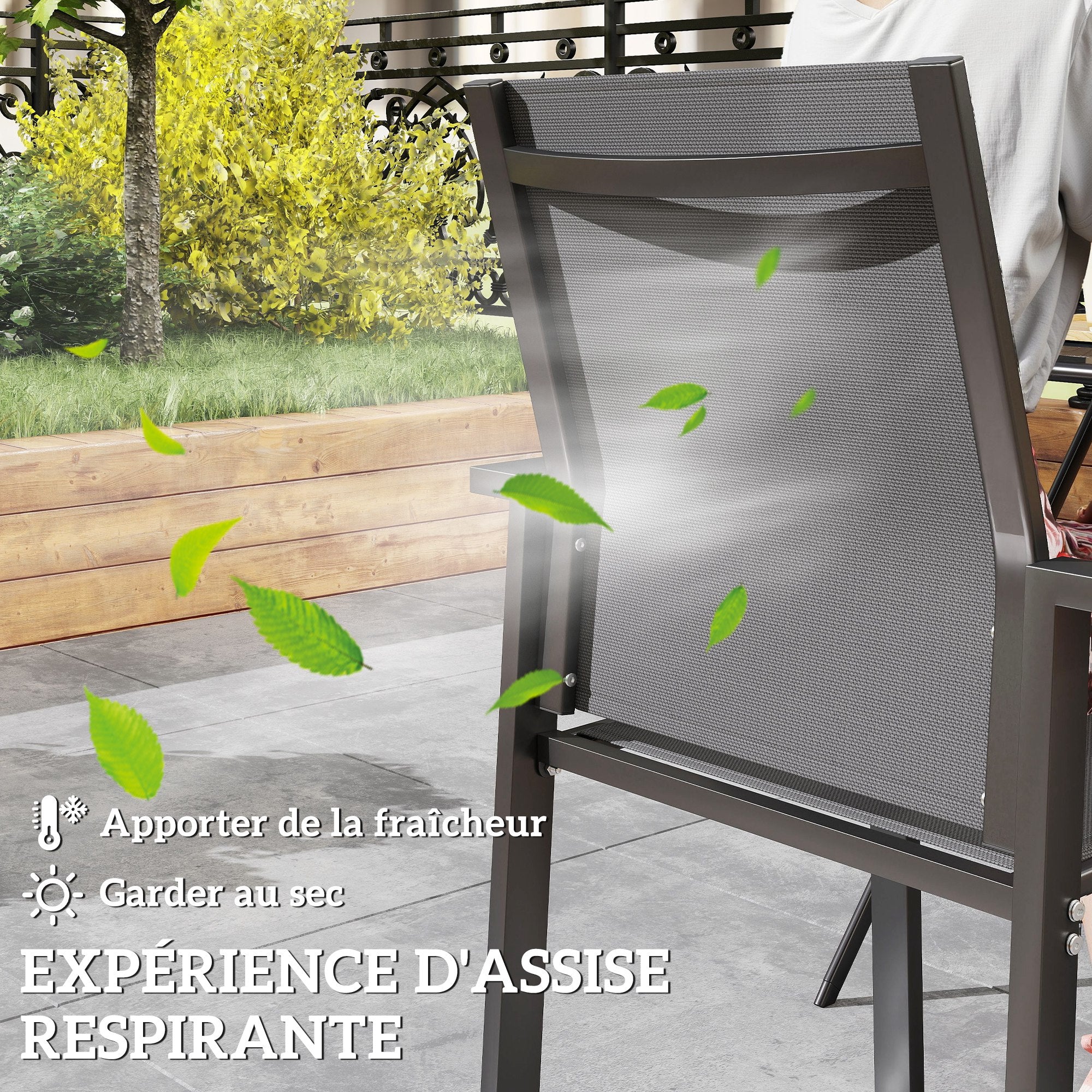 Set of 2 stackable outdoor breathable garden chairs with armrests, in aluminum and textilene for garden, pool, terrace, dark gray