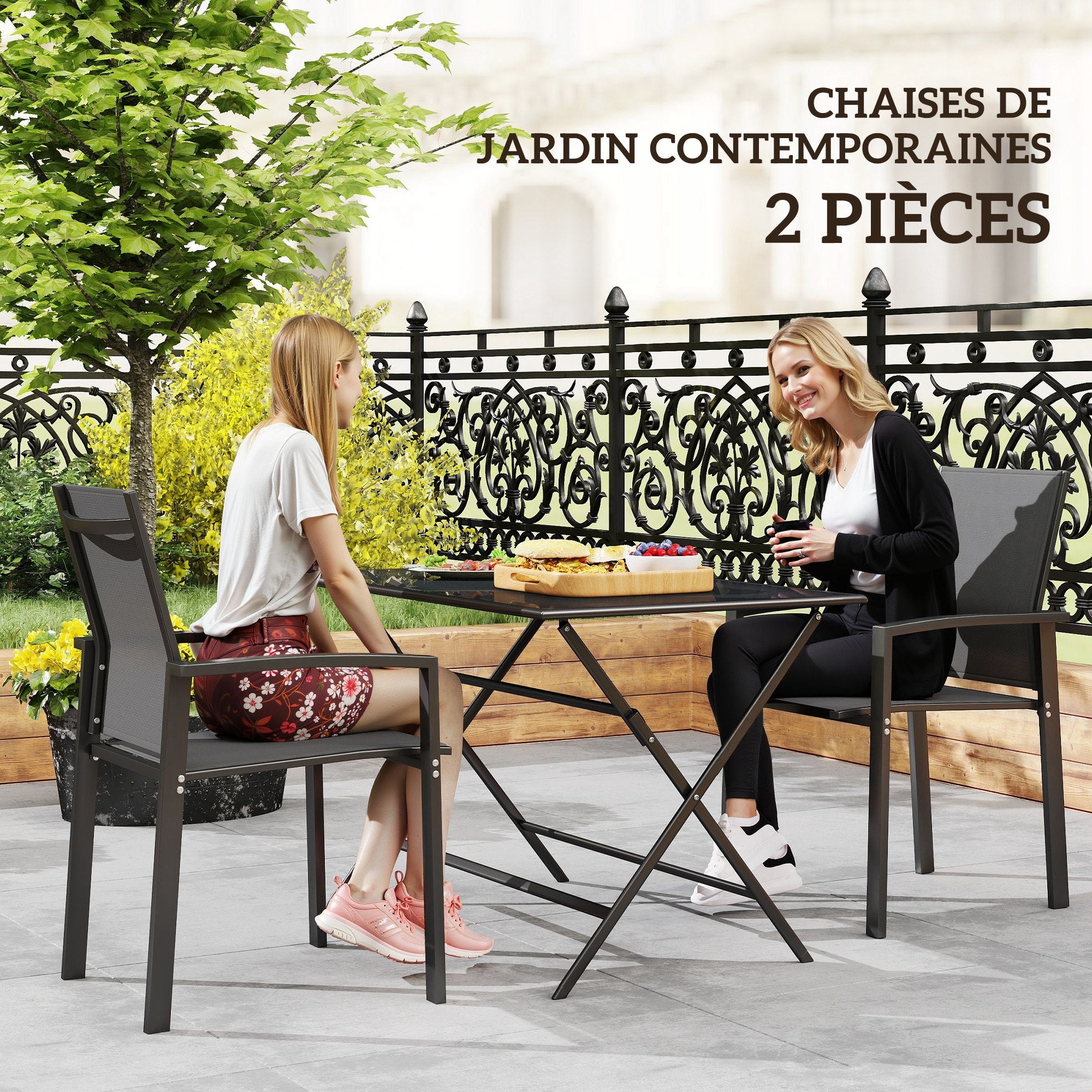 Set of 2 stackable outdoor breathable garden chairs with armrests, in aluminum and textilene for garden, pool, terrace, dark gray