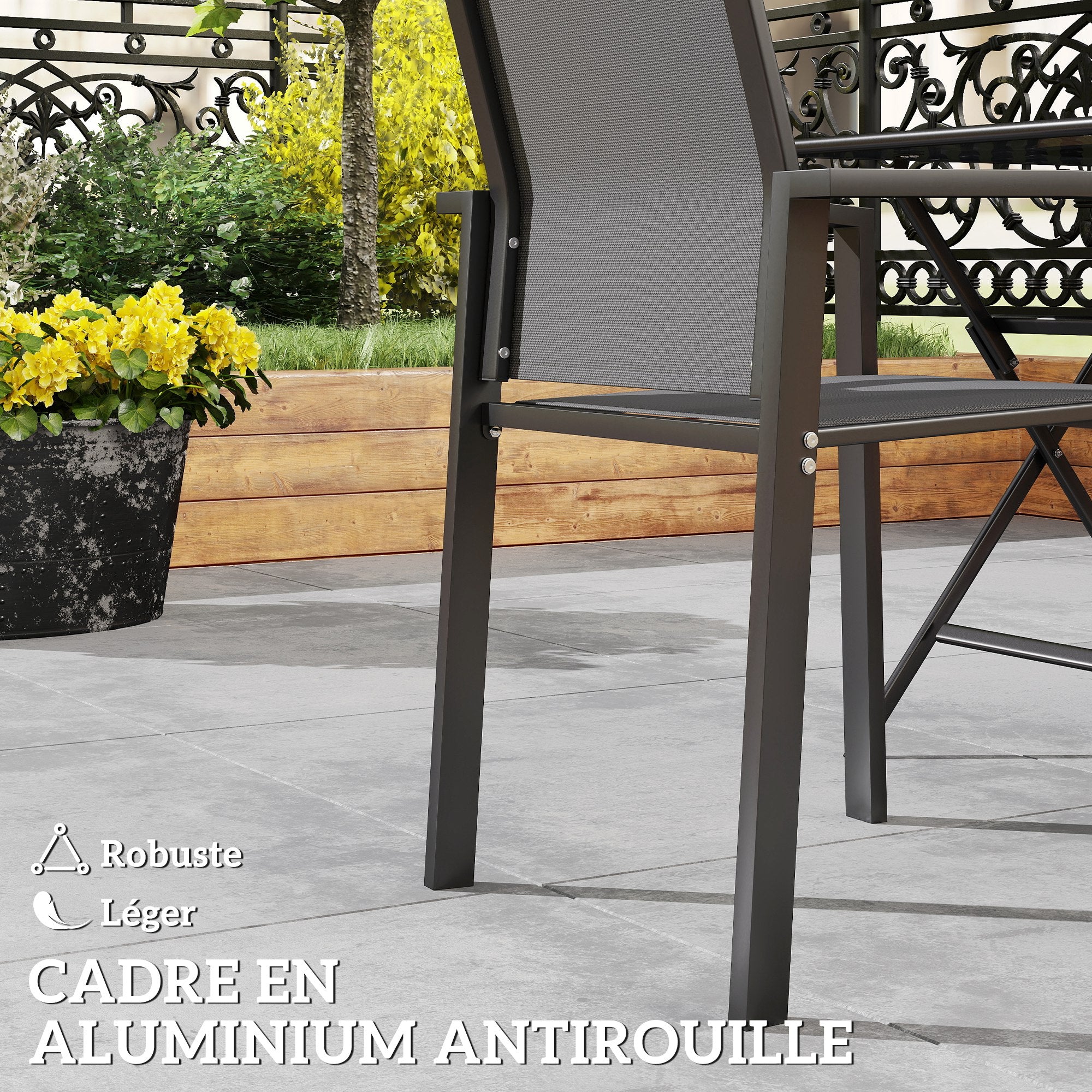 Set of 2 stackable outdoor breathable garden chairs with armrests, in aluminum and textilene for garden, pool, terrace, dark gray