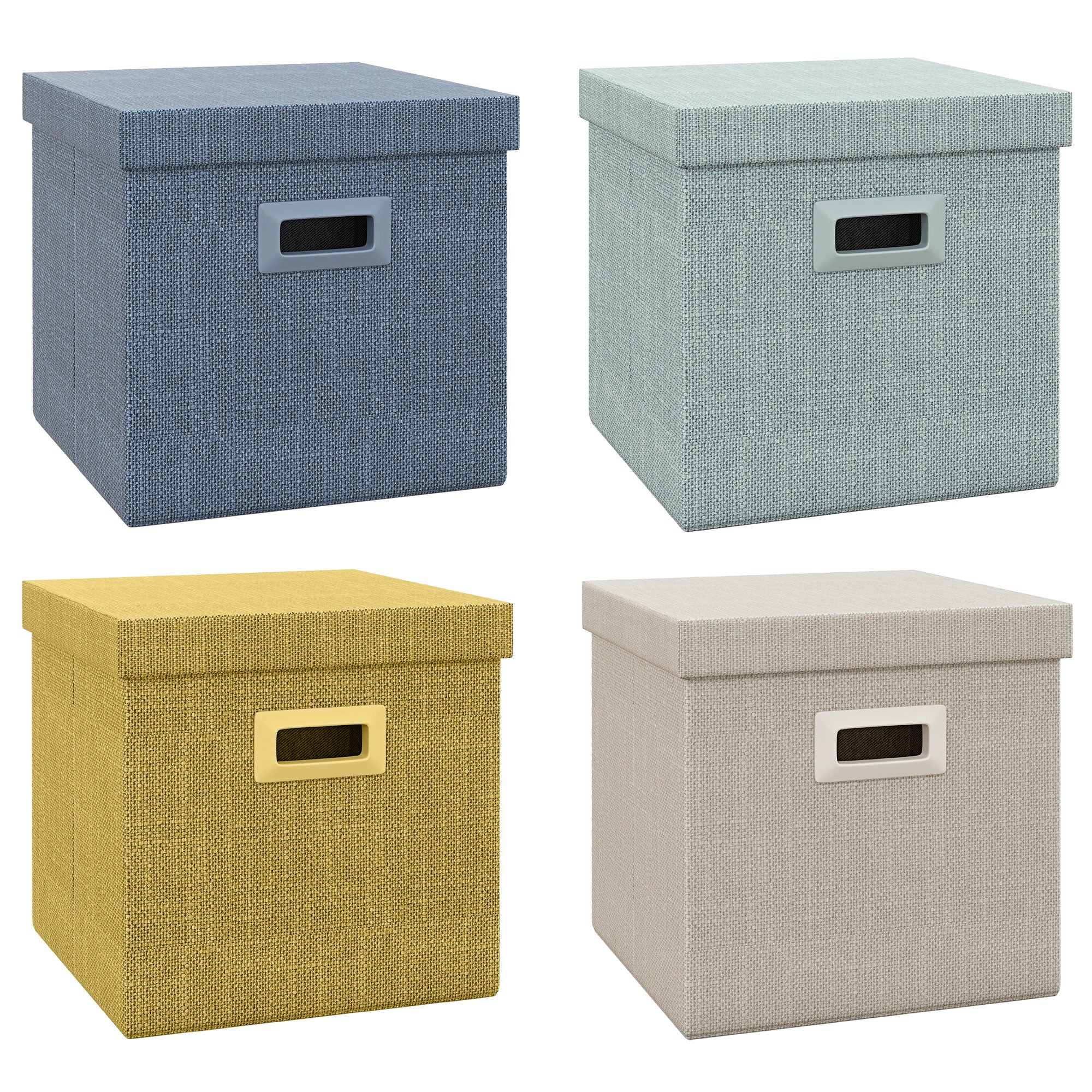 Set of 4 Fabric Wardrobe Boxes with Lid, Foldable Wardrobe Organizers 30x30x29cm, Blue, Cream, Green, and Light Gray