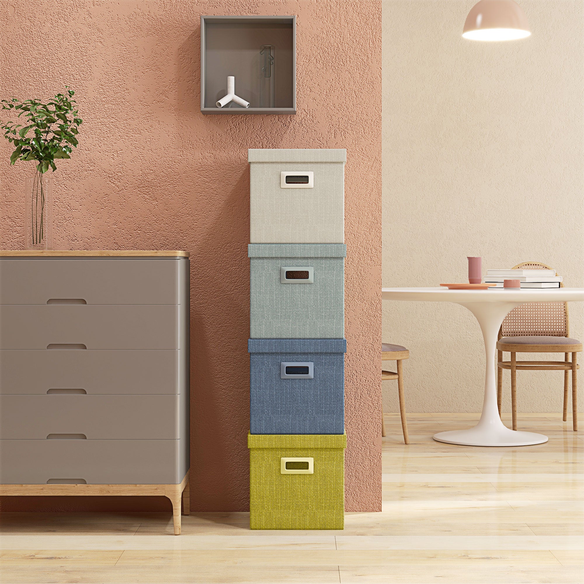 Set of 4 Fabric Wardrobe Boxes with Lid, Foldable Wardrobe Organizers 30x30x29cm, Blue, Cream, Green, and Light Gray