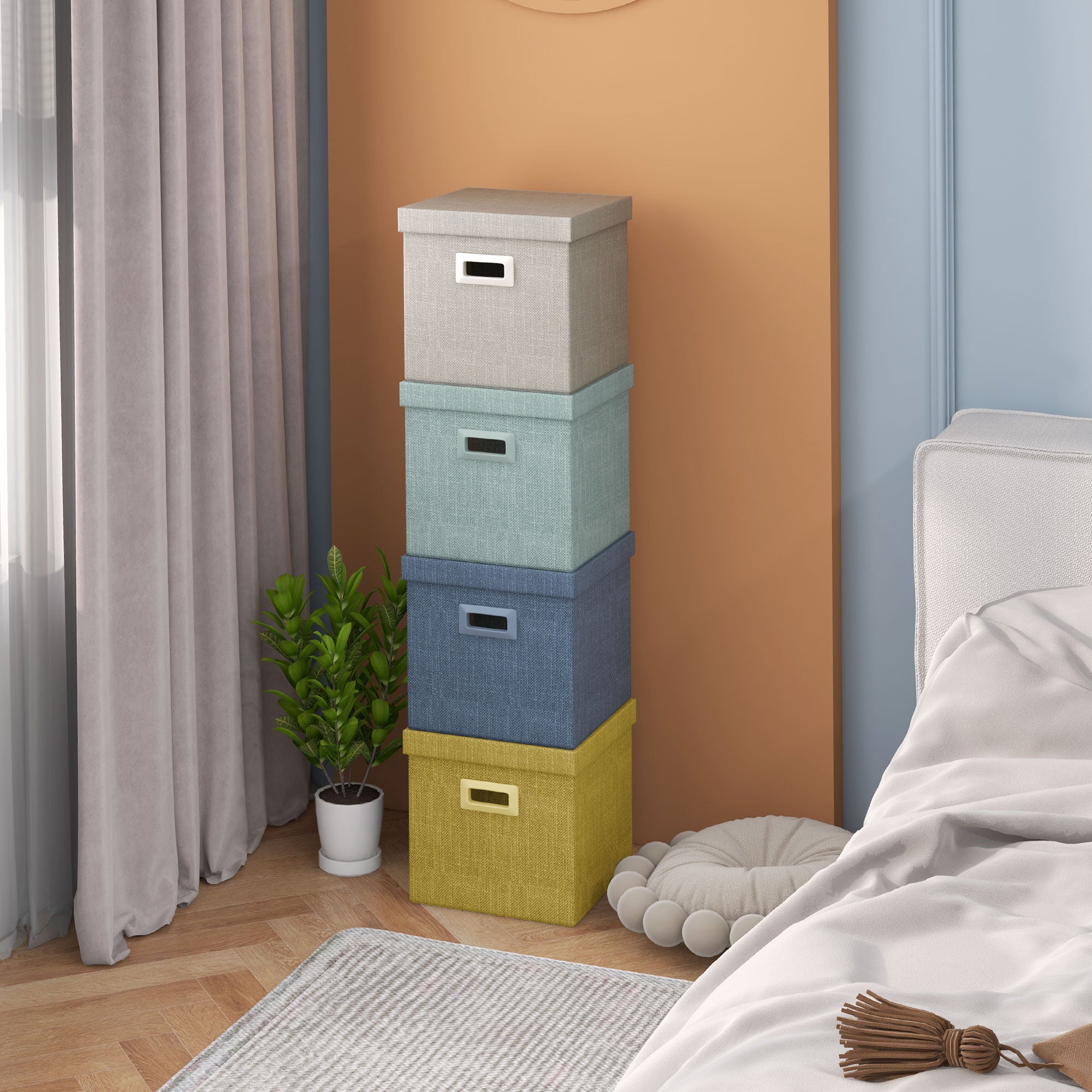Set of 4 Fabric Wardrobe Boxes with Lid, Foldable Wardrobe Organizers 30x30x29cm, Blue, Cream, Green, and Light Gray