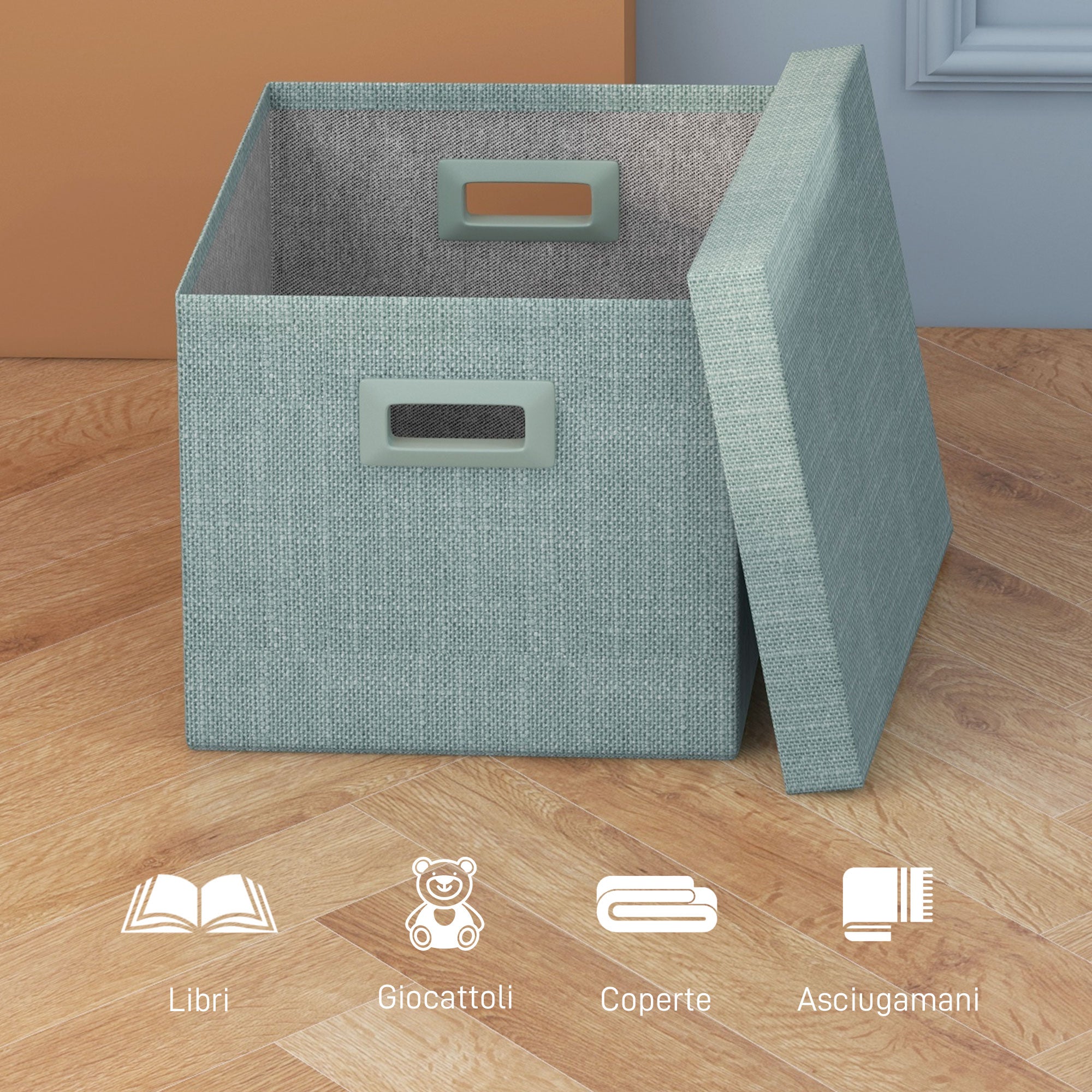 Set of 4 Fabric Wardrobe Boxes with Lid, Foldable Wardrobe Organizers 30x30x29cm, Blue, Cream, Green, and Light Gray