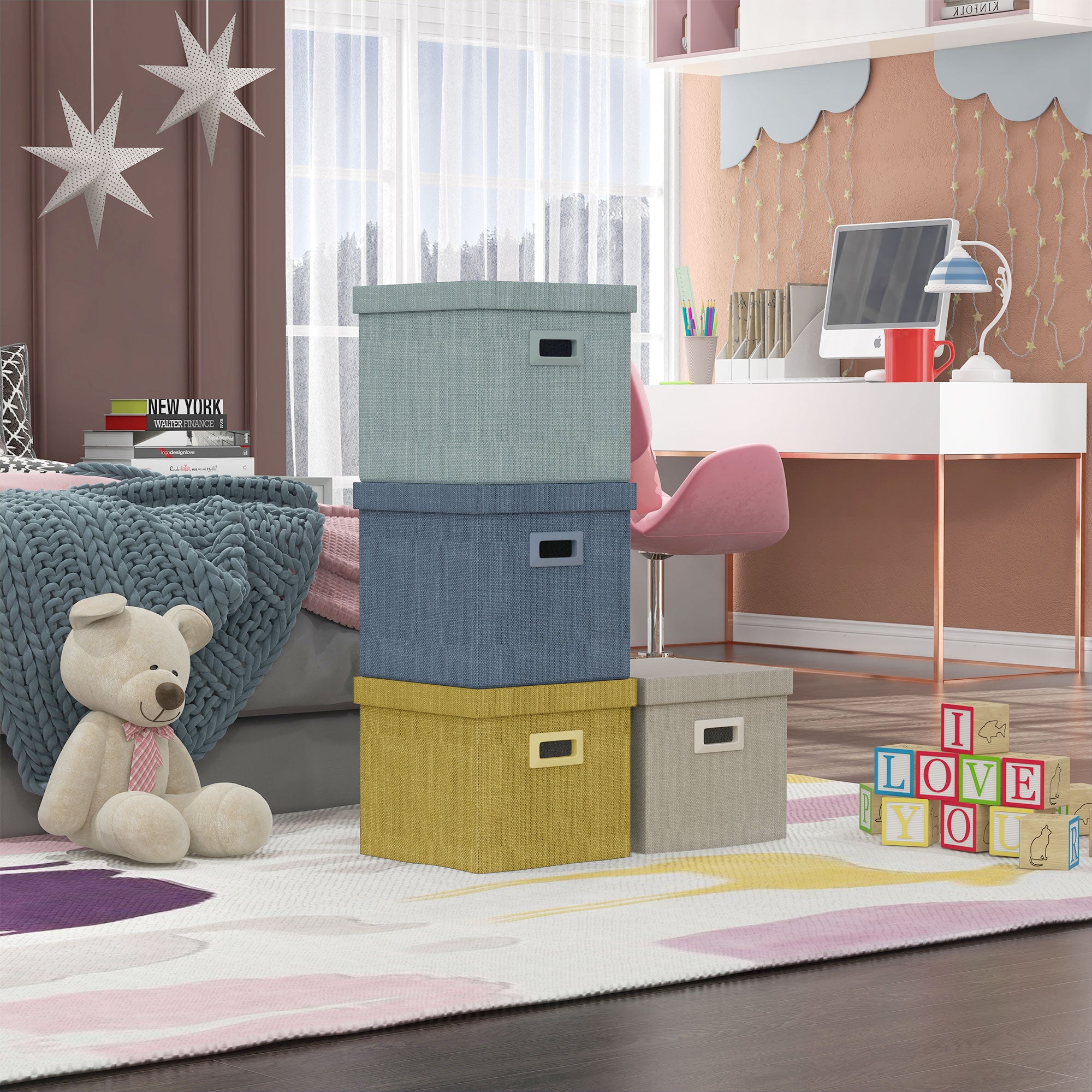 Set of 4 Fabric Wardrobe Boxes with Lid, Foldable Wardrobe Organizers 30x30x29cm, Blue, Cream, Green, and Light Gray