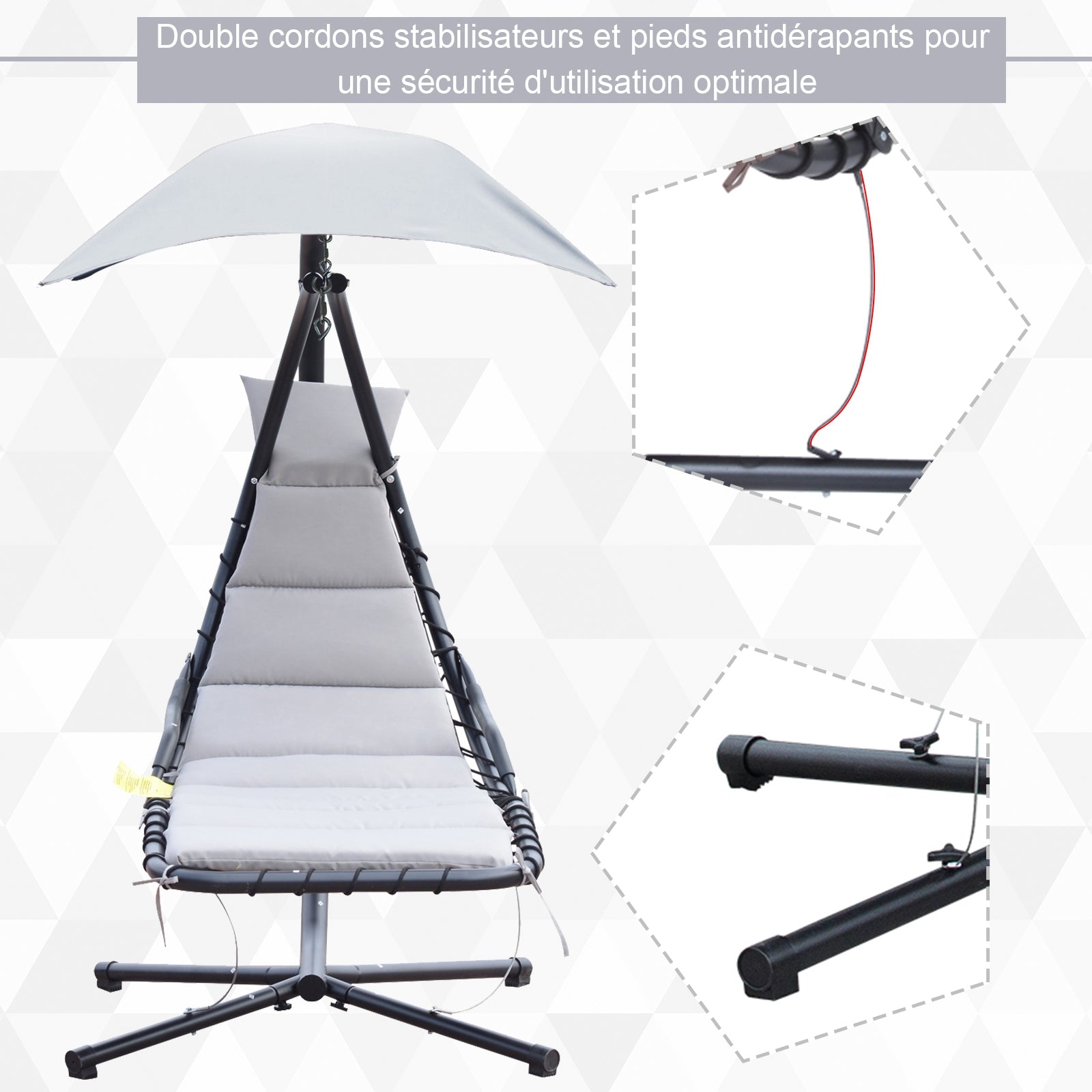Suspended Sun Lounger with Sunshade and Mattress Contemporary Design 190L x 110W x 190H cm Steel Polyester Gray Black