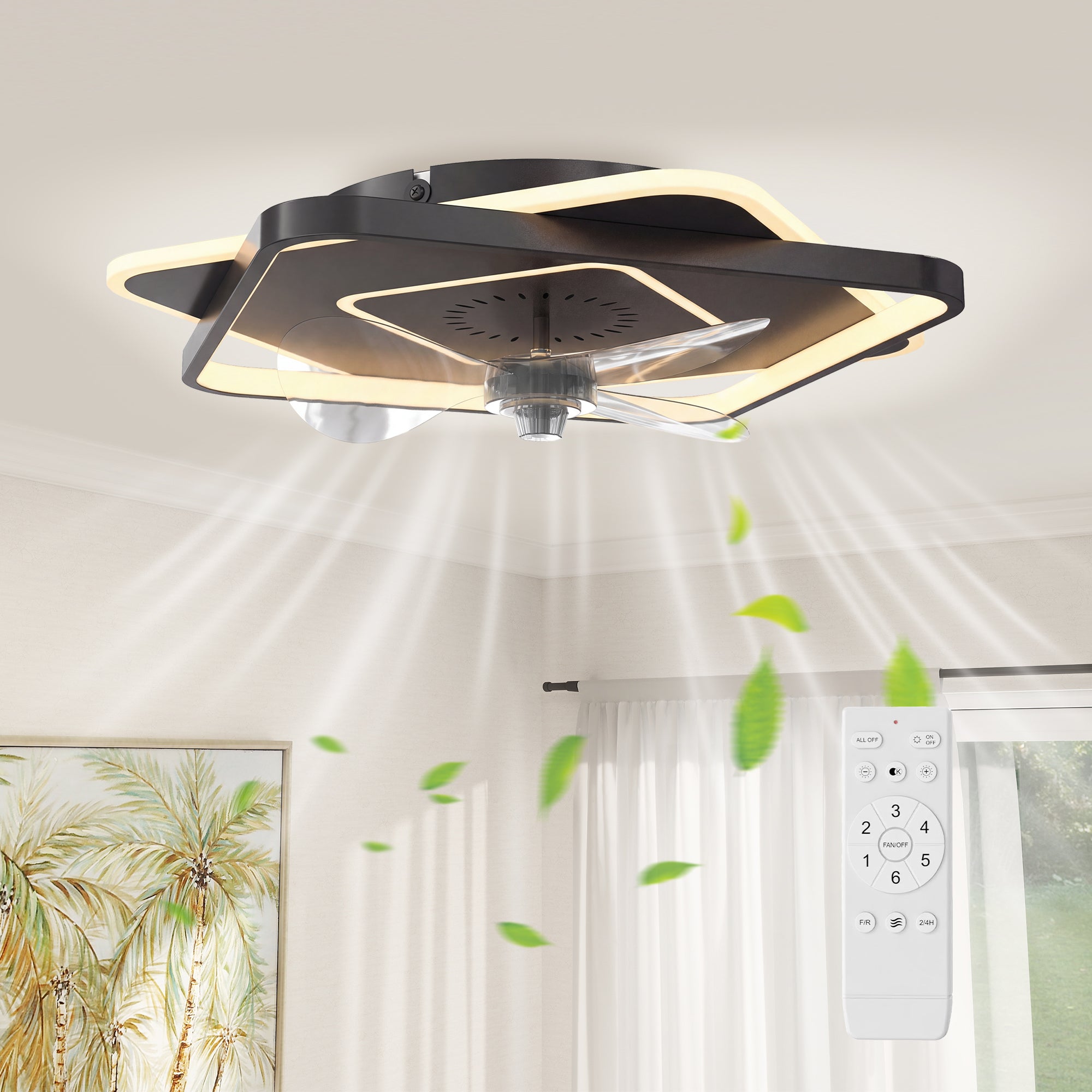 LED Ceiling Light with Fan, Quiet 21" Ceiling Fan Light, 6 Speeds, Timer, Remote Control, 3 Color Temperatures, DC Motor, Black
