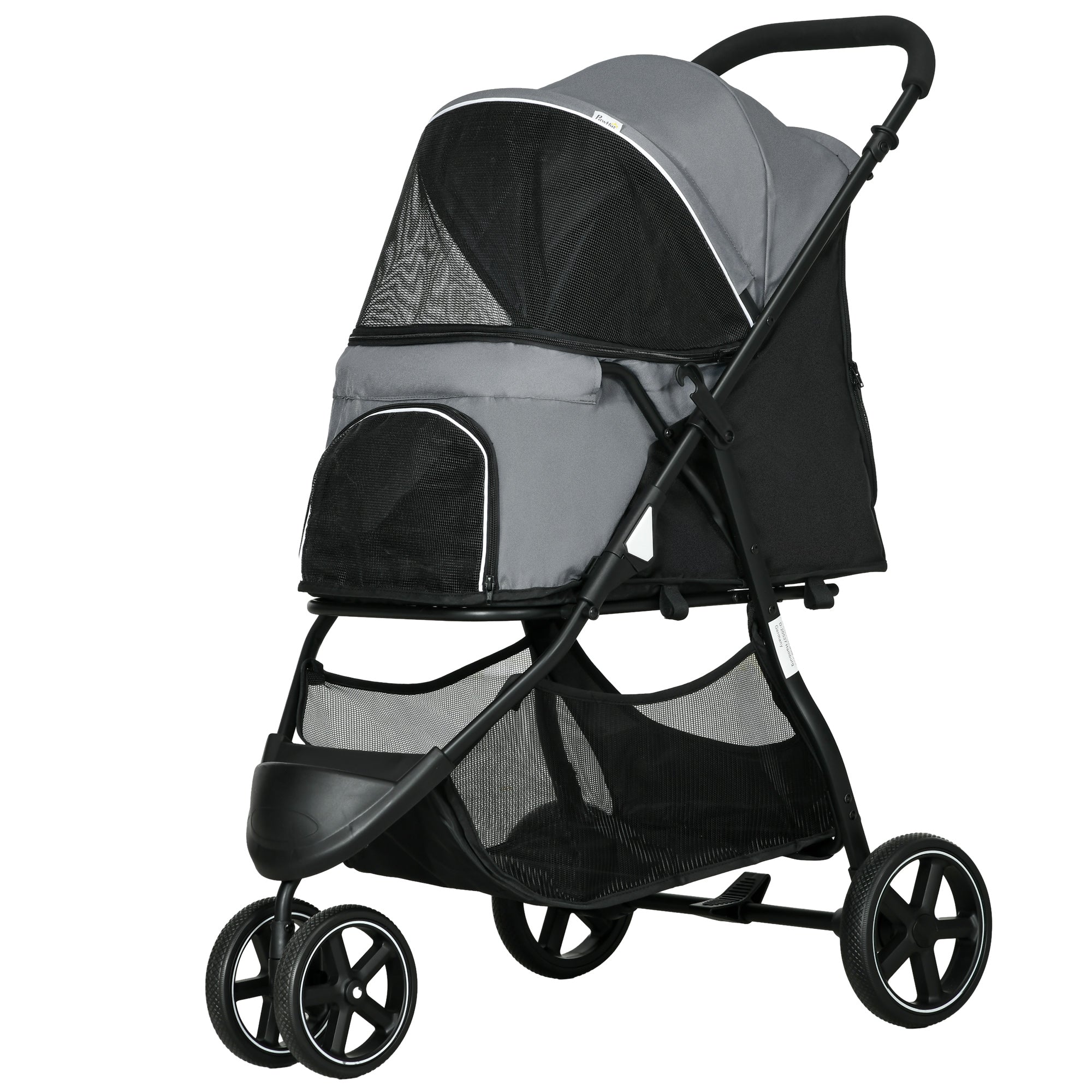 Dog Stroller, Cat Stroller Pet Foldable, 2 Safety Leashes, EVA Wheels, Adjustable Handle, Basket, 83 x 55 x 101 cm, Gray