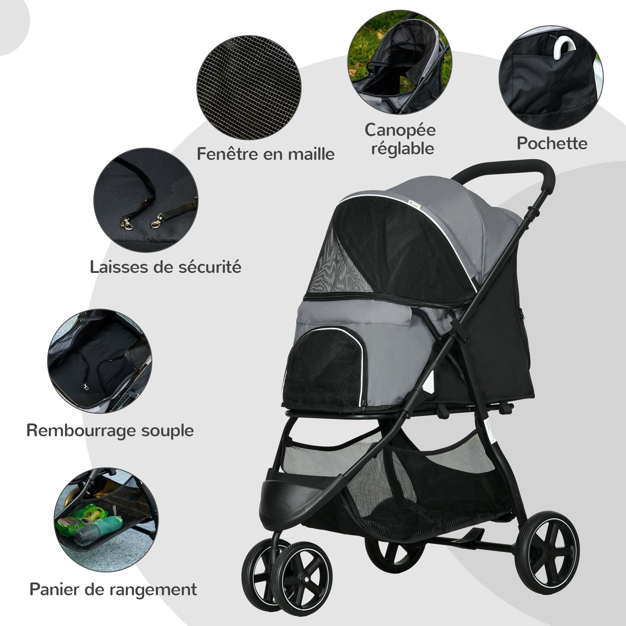 Dog Stroller, Cat Stroller Pet Foldable, 2 Safety Leashes, EVA Wheels, Adjustable Handle, Basket, 83 x 55 x 101 cm, Gray