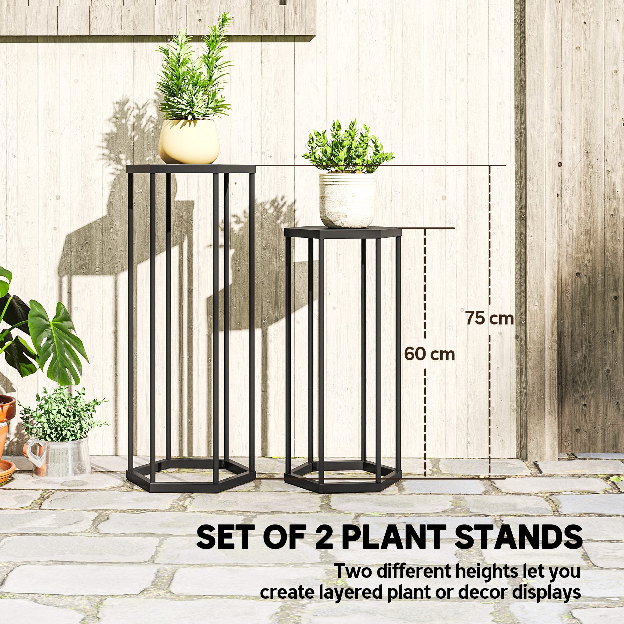 2-Pack Hexagon Metal Plant Stands, 75/60 cm (29.5"/23.6") — Indoor & Outdoor Black